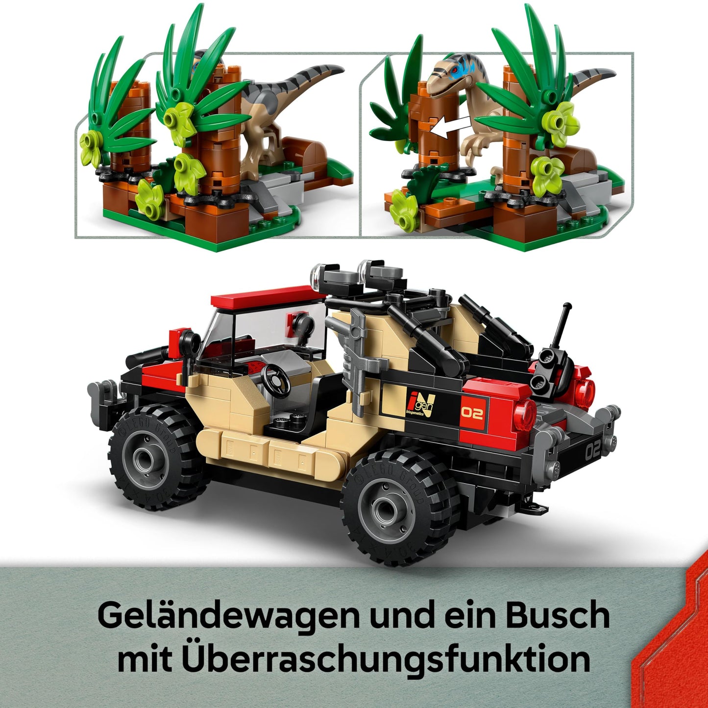 LEGO Jurassic World Raptor: Off-road vehicle chase - 2 dinosaur figures, car, 2 minifigures - gift for boys and girls aged 6 and up, fans of the film "The Rebirth" - 76972