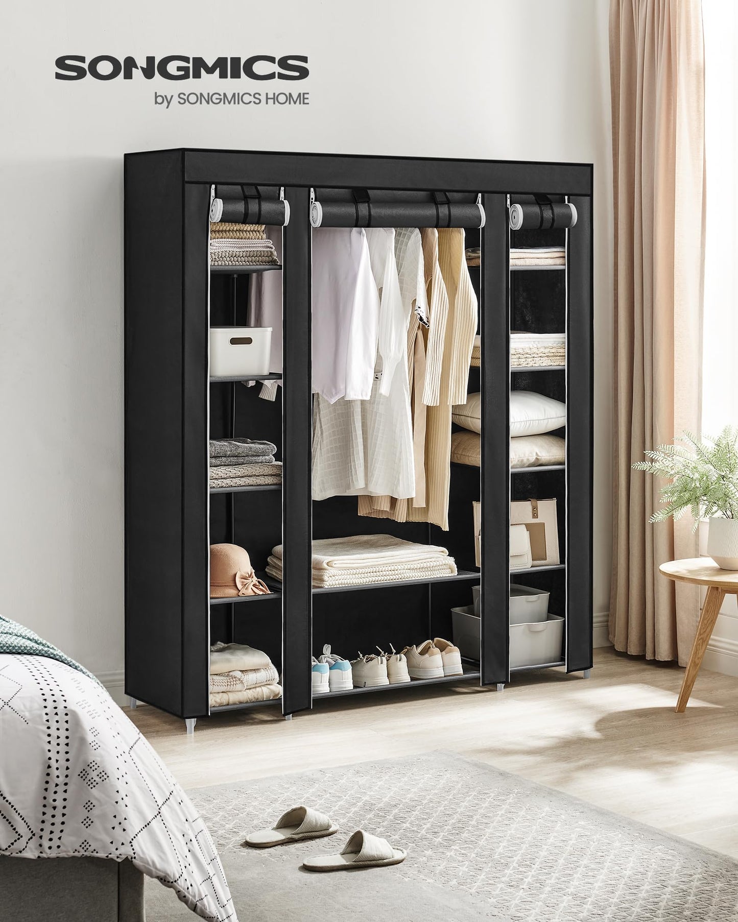 SONGMICS wardrobe, fabric cabinet, with clothes rail and shelves, fabric cover, for bedroom, dressing room, 150 x 45 x 175 cm, black LSF03H