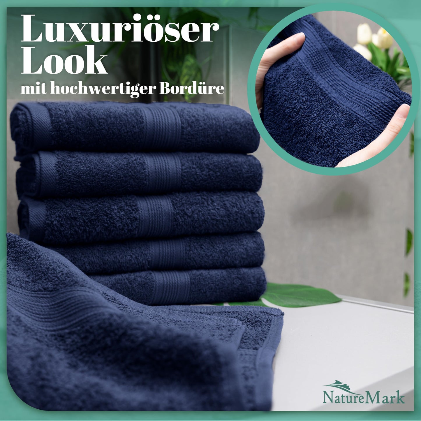 NatureMark 8 towel set - 100% cotton - absorbent and durable towels, size 50×100cm, navy blue - NM-HT0854