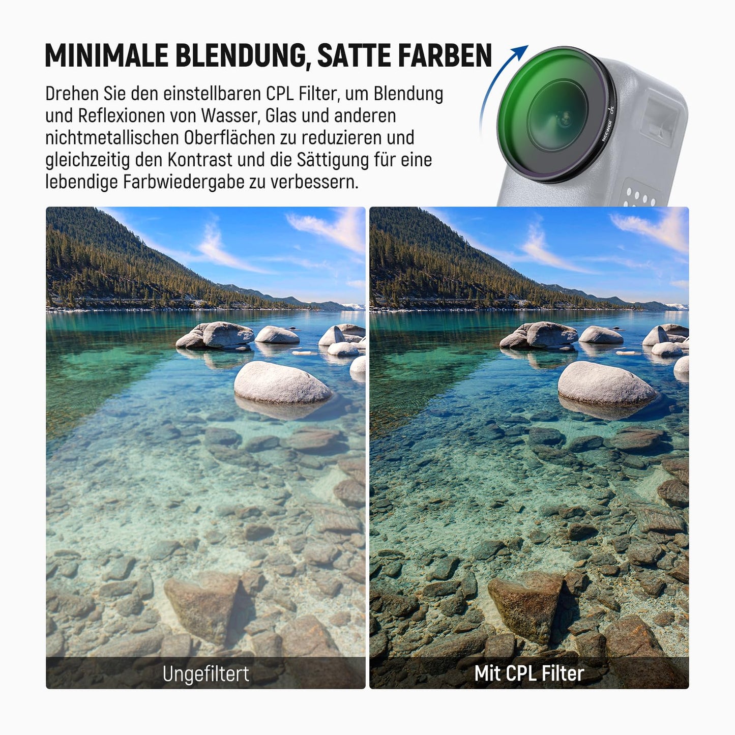NEEWER ND filter set compatible with DJI Osmo Nano (ND8/UV/CPL), pack of 3, screw-on action cam lens, gray filter polarizing filter, multi-coated optical glass, photo accessories with screen protector - FL-N5