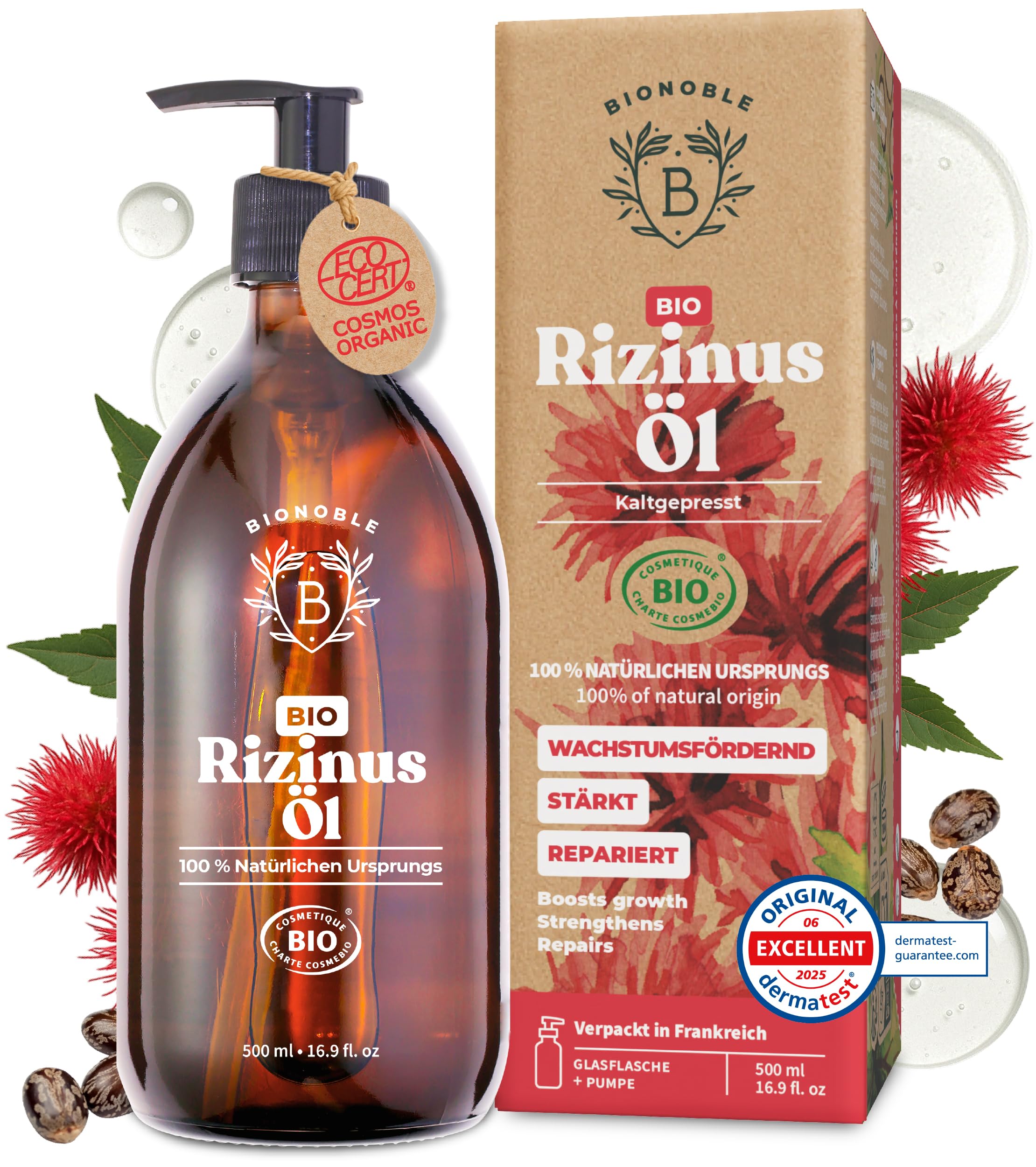 BIONOBLE Castor Oil Cold Pressed Organic - 100% Natural, Without Hexane - Promotes Growth, Repairs - Castor Oil Organic Hair, Eyelashes, Eyebrows, Skin - Castor Oil - Glass Bottle with Pump - 500ml - France