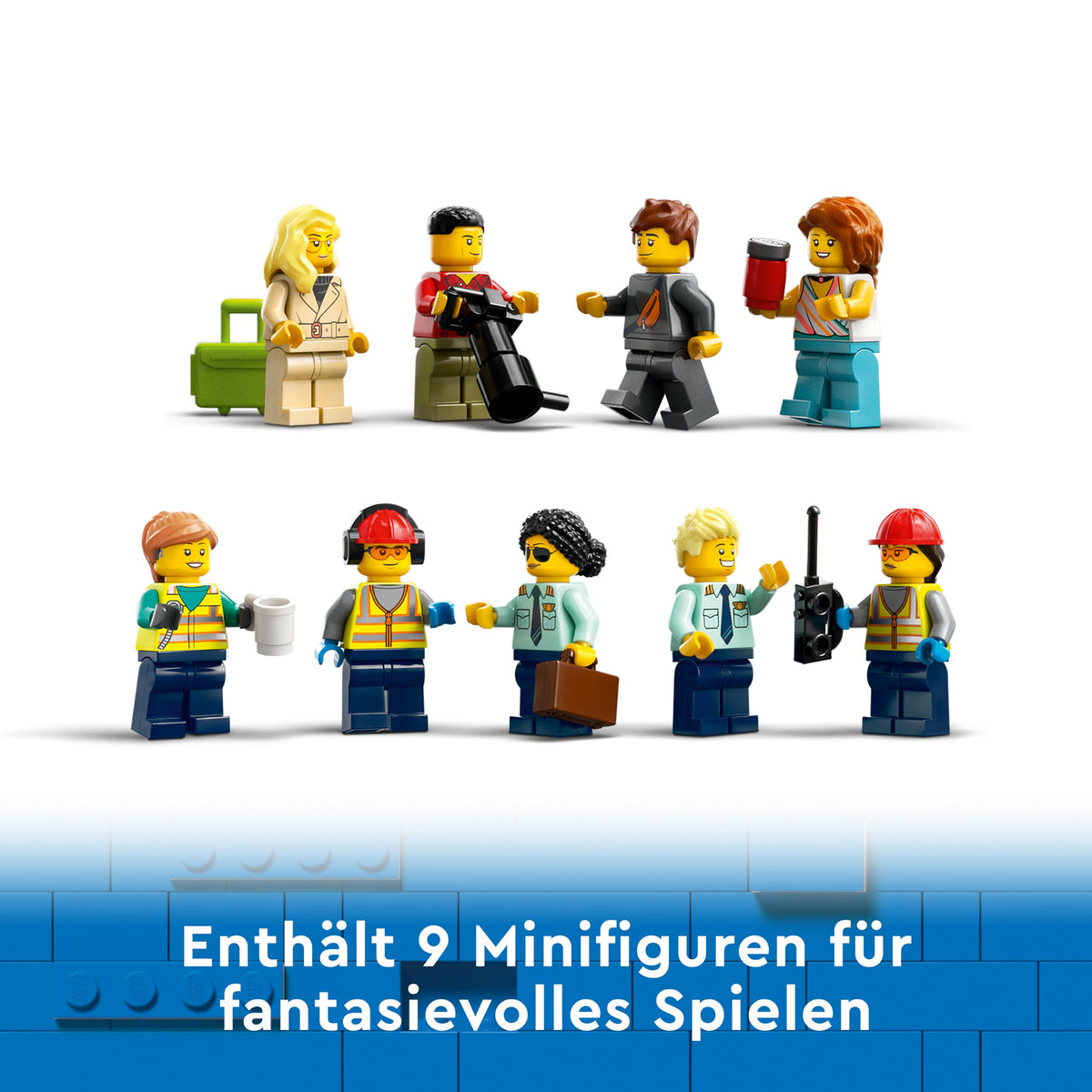 LEGO 60367 City Passenger Airplane Toy Set, large airplane model with airport ground crew vehicles: apron bus, pushback tug, catering loader, baggage cart, and 9 minifigures.