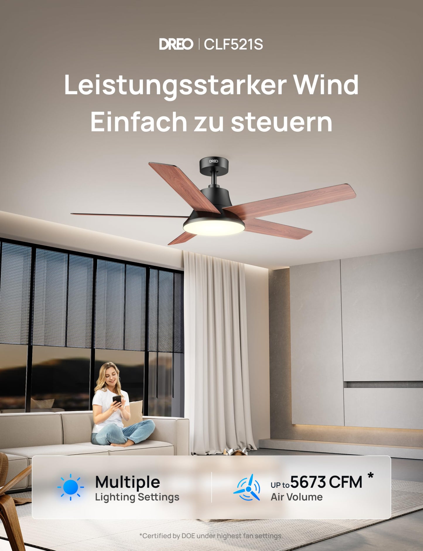 DREO Smart Ceiling Fan with Light, 52" 12 Speeds, 3 Modes, Continuously Dimmable LED Lighting, Quiet DC Motor, 12H Timer, Remote Control/APP/Alexa, Indoor, Black - DR-HCF001S