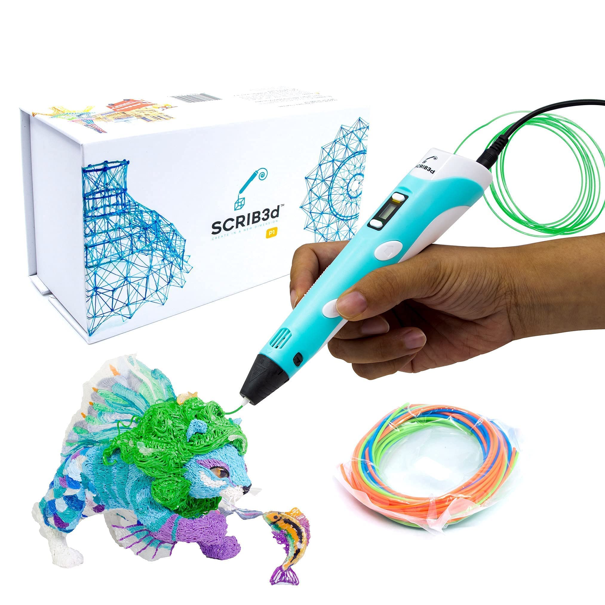 SCRIB3D P1 Stilou 3D cu display - Include stilou 3D, 3 culori de pornire de filament PLA, carte de șabloane + ghid de proiecte și încărcător - SCRIB_PEN_P1