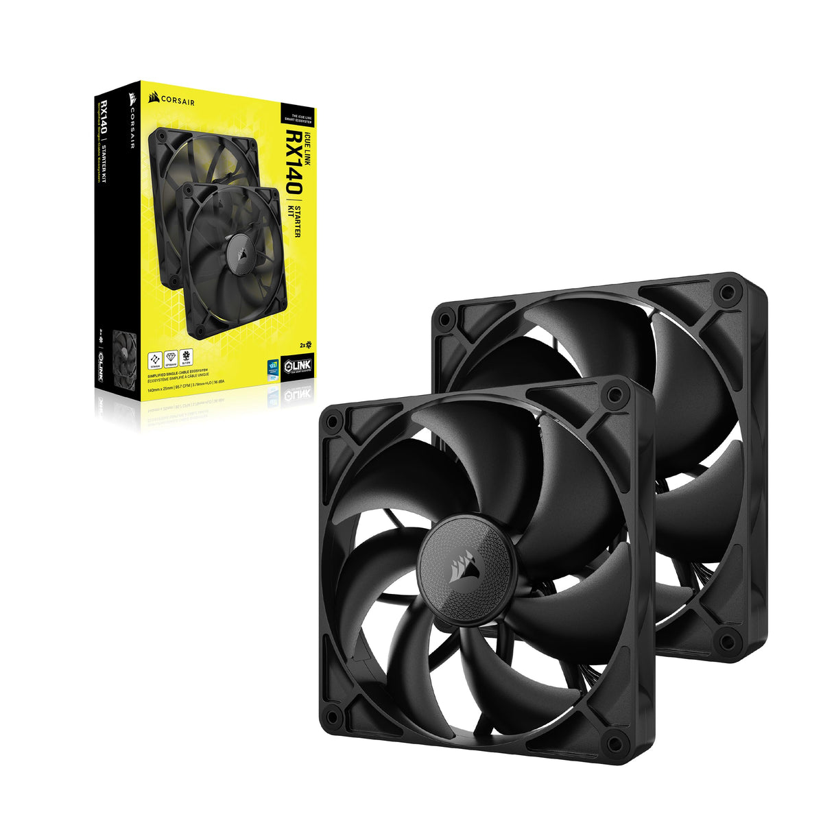 CORSAIR iCUE LINK RX140 140mm PWM Fans with iCUE LINK System Hub - Magnetic Coupling Bearing - Dual Pack - Black - CO-9051012-WW