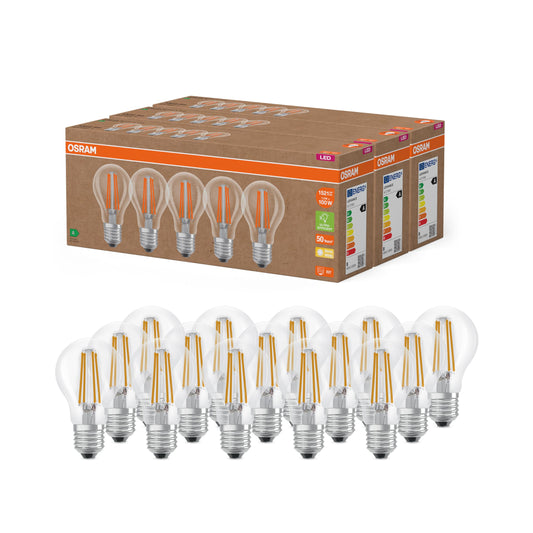 Osram highly efficient LED lamps with energy efficiency class A, value pack with 15 bulbs, replaces conventional 100W light bulbs, warm white (2700K), E27, filament glass - 4099854297502