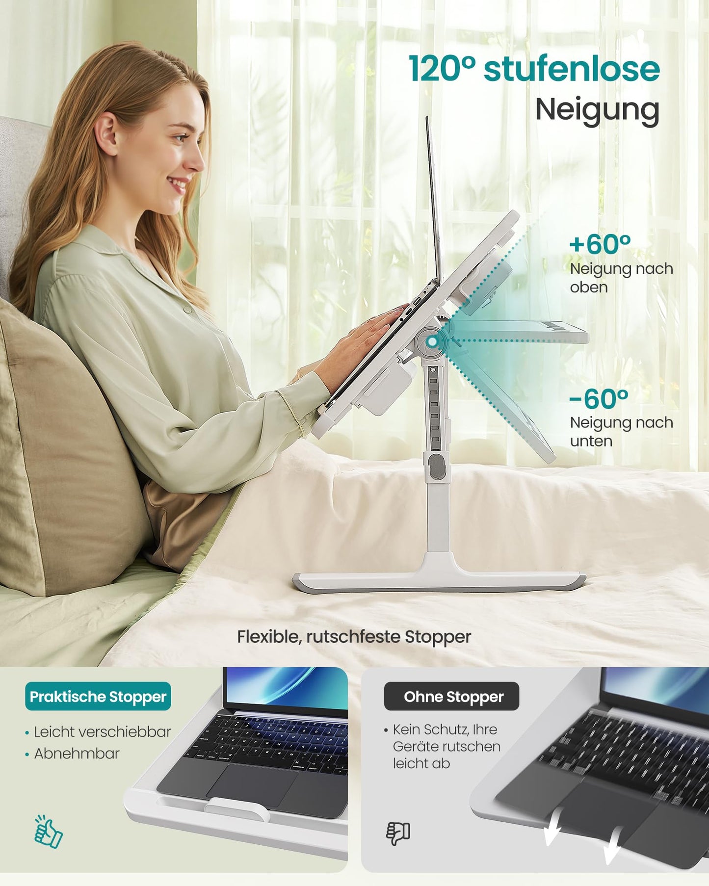 SONGMICS laptop table, bed table, laptop stand, 56 x 40 cm table top, 120° freely adjustable, height adjustable, with cup holder, drawer, portable, gray LLD113GZ01