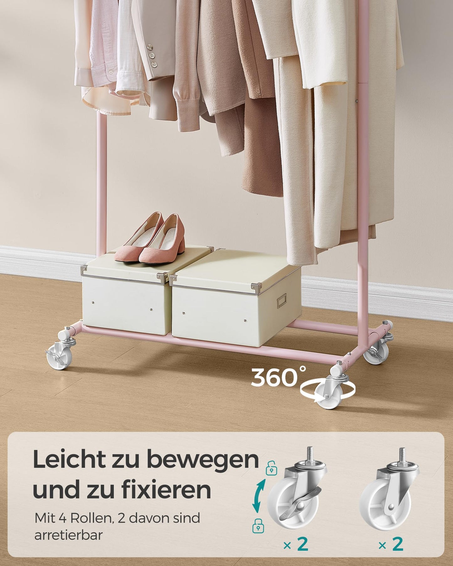 SONGMICS Clothes Rack on Wheels, Heavy Duty Coat Rack, Extendable Clothes Rail, Holds up to 100kg, Easy Assembly, Portable, Pastel Pink HSR013R01 - UHSR013G01