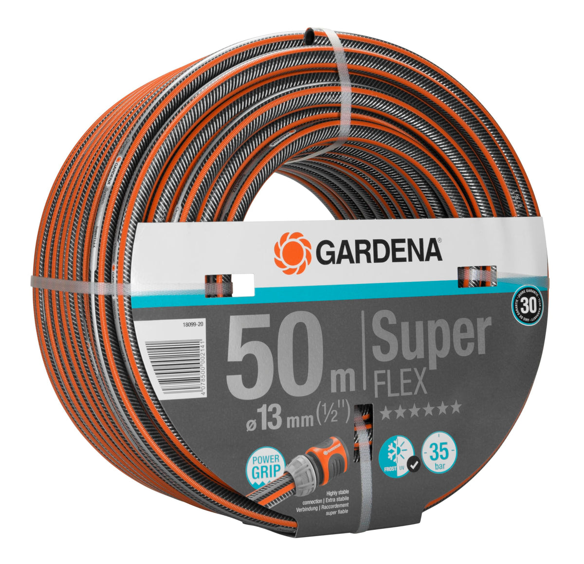 Furtun Gardena Premium Superflex 13 mm (1/2 inch), 50 m: furtun de grădină cu profil power grip, presiune de spargere de 35 bar, foarte flexibil, stabil dimensional, rezistent la UV, clorură de polivinil (PVC), udare în grădină - 18099