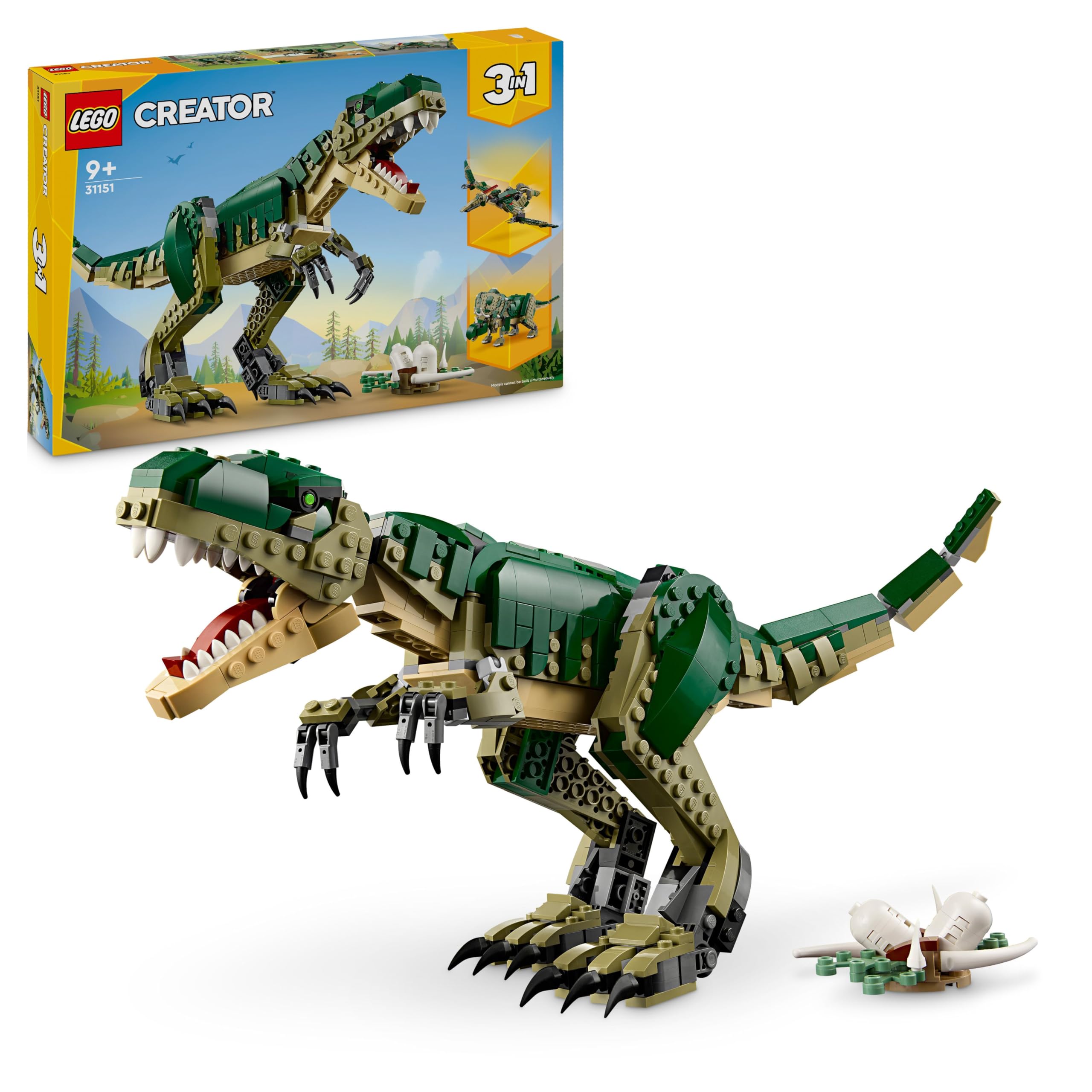 Jucării LEGO Creator 3in1 T. rex în Triceratops în Pterodactil, Figurine Dinozauri pentru Băieți și Fete de Peste 9 Ani, Set de Construcție Model Dinozaur Articulat, Idee de Cadou de Ziua Copiilor 31151