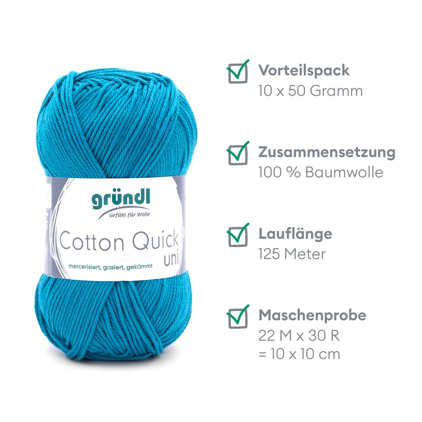 Gründl Wolle Cotton Quick uni - thin wool for crocheting - knitting yarn - crochet yarn - shiny and skin-friendly - 100% cotton - 10 balls 50 g / 125 m - needle size 3-4 - petrol - 865-143