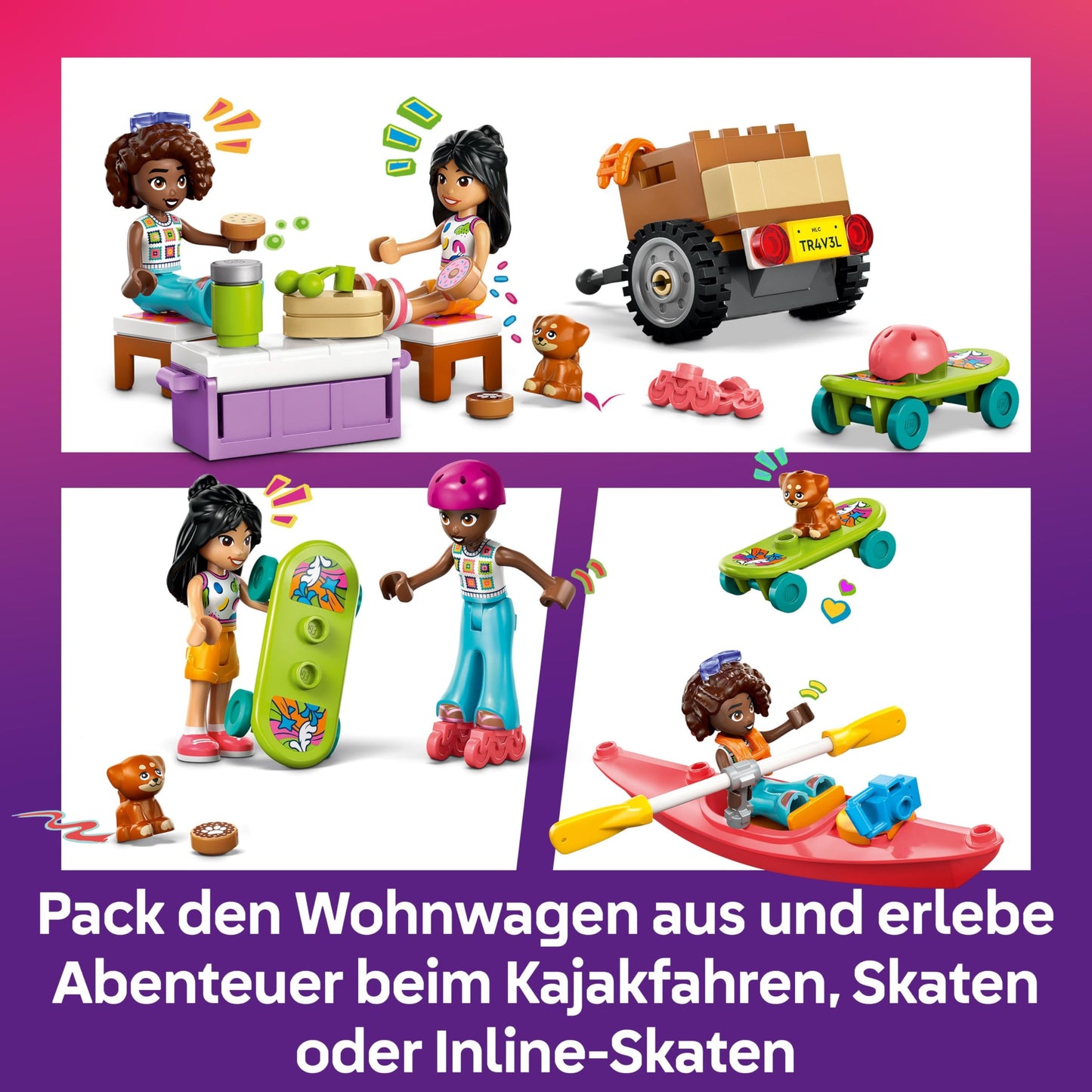 LEGO Friends adventure trip with friends - travel car with trailer - building set with 2 mini dolls, dog figure, kayak & fun accessories - skateboard & roller skates - toy for girls aged 6 and over - 42659