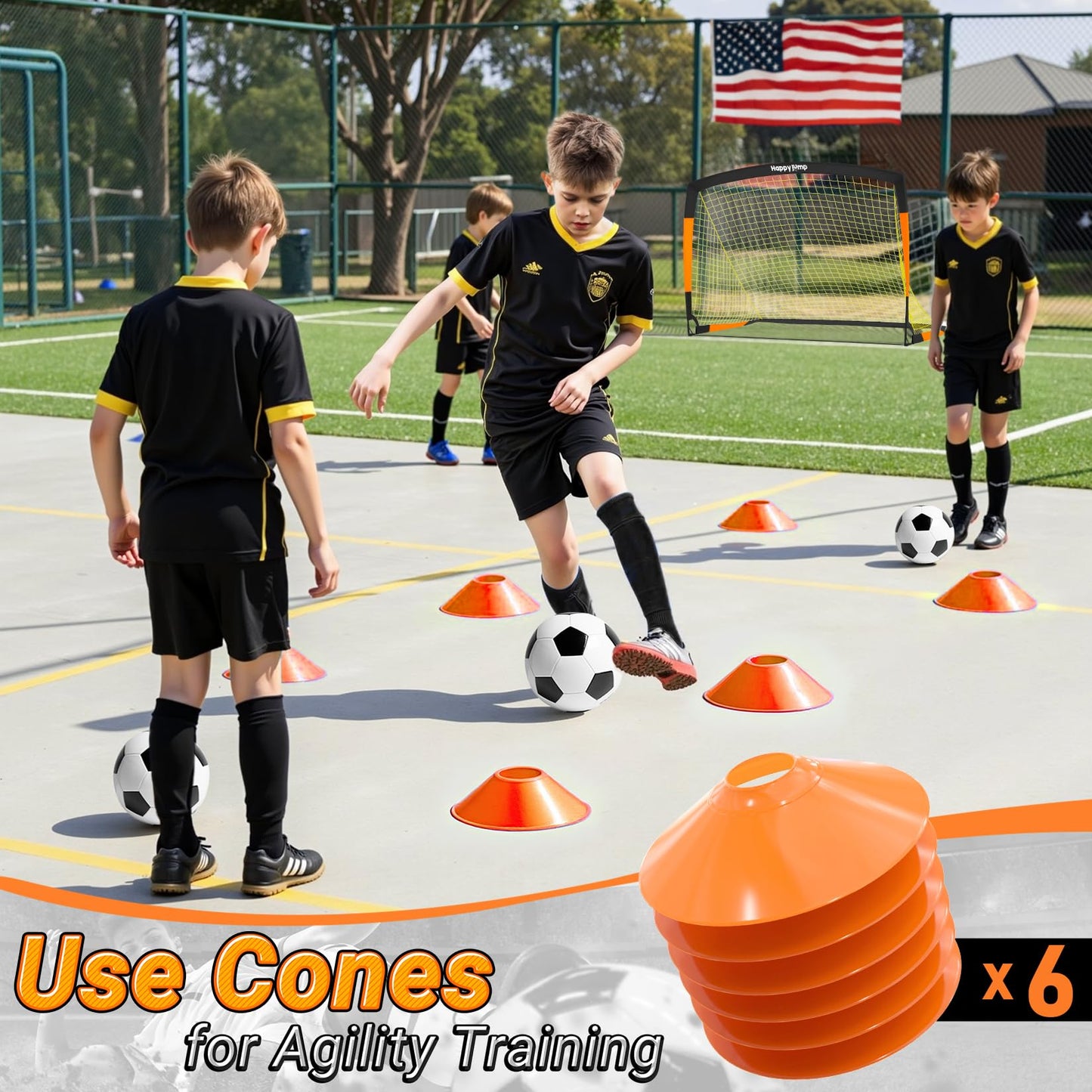 Happy Jump Pop-Up Football Goals - 152x110 cm, 2 goals, black orange with ball, pump, cone & target | Complete training set for garden & family - Z2500700BQ1