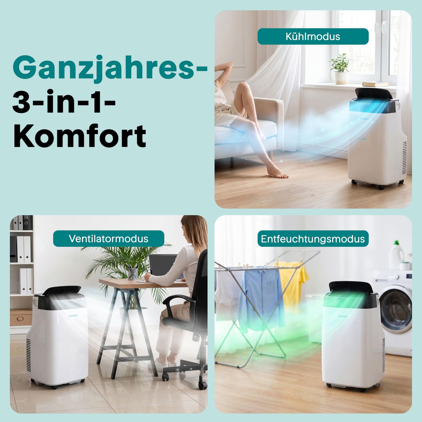 SereneLife Mobile Air Conditioner 4 kW 9000 BTU - L52 dB Quiet air conditioner for bedrooms up to 20 m², pleasant cooling on hot days, with dehumidifier, fan & remote control - SLPAC9EU