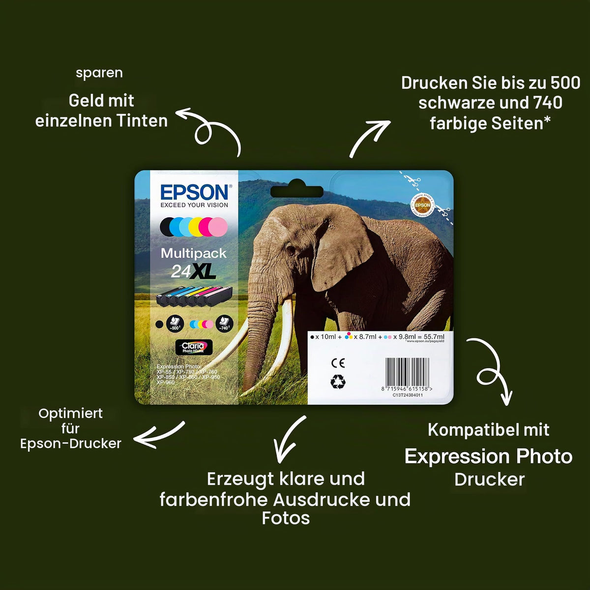Cartușe de cerneală Epson 24 Elephant Genuine Multipack, 6 culori Claria Photo HD, Cyan - C13T24284510