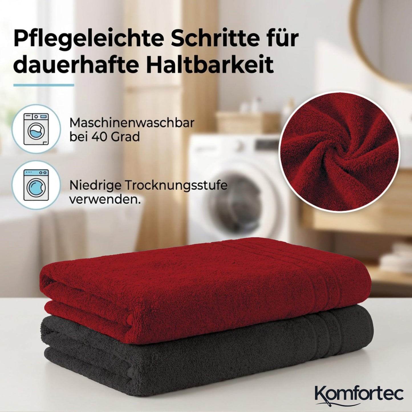 Komfortec 2 sauna towel set 80x200 cm, large sauna towels made of 100% cotton, sauna towels, fluffy and absorbent, quick-drying, black/aurora red - 2er-80x200-schwarz-aurorarot