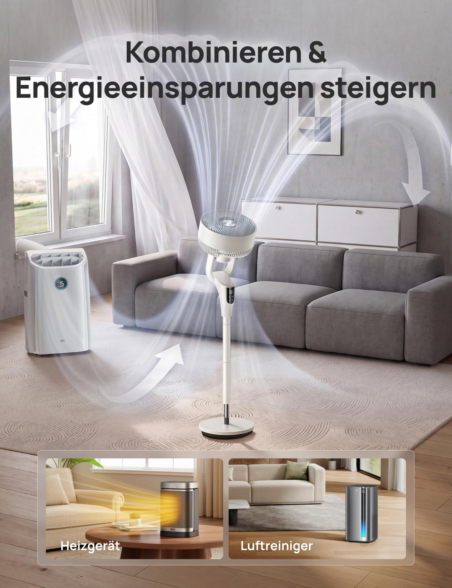 DREO Quiet Stand Fan for Bedroom [Improved], 27m Airflow, Quiet, 90° Oscillating, DC Motor, 8 Speeds, 3 Modes, 96-106cm Height Adjustable, 8H Timer, 105° Manual Tilt - DR-HPF013