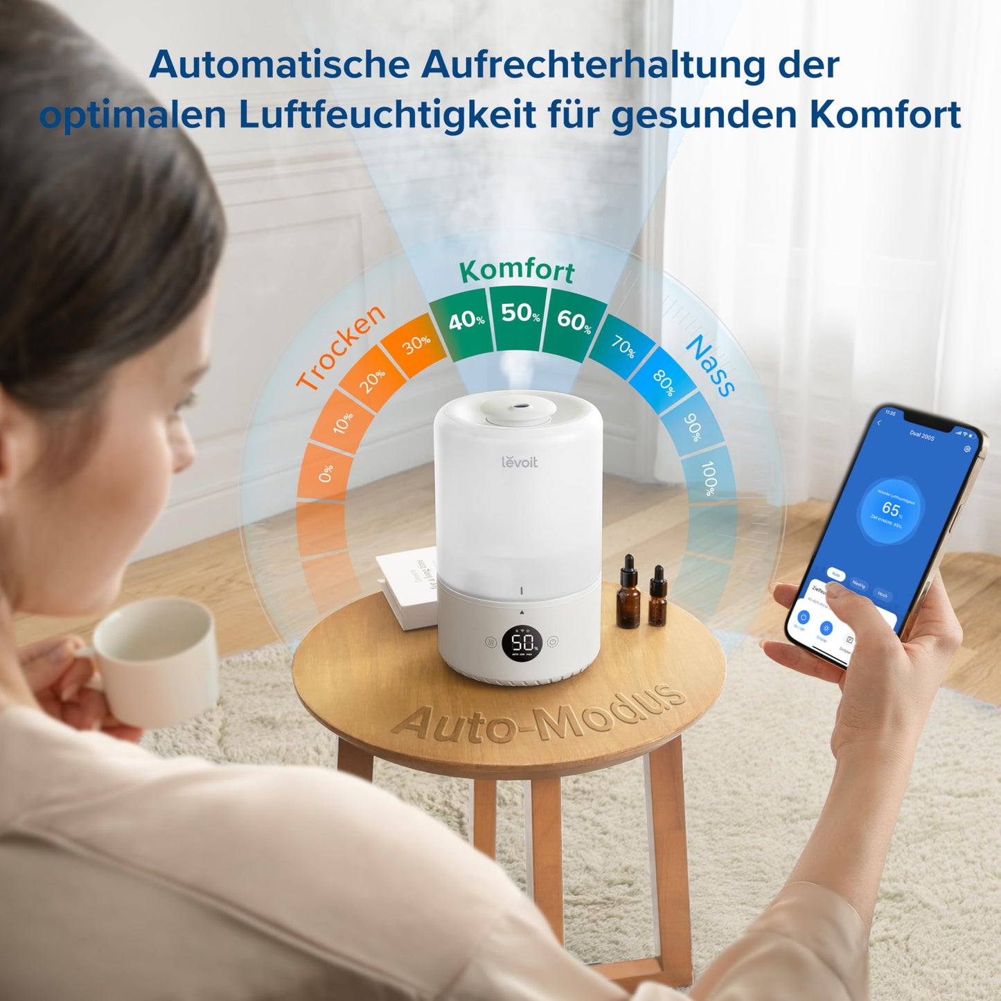 Levoit Smart Humidifier Bedroom, 20dB Quiet, Top-Fill Humidifier for Baby, Humidity Sensor, Room Humidifier with 360° Rotating Nozzle for Children's Room, Plants, 3 L, Cream White - LUH-D302S-WDE