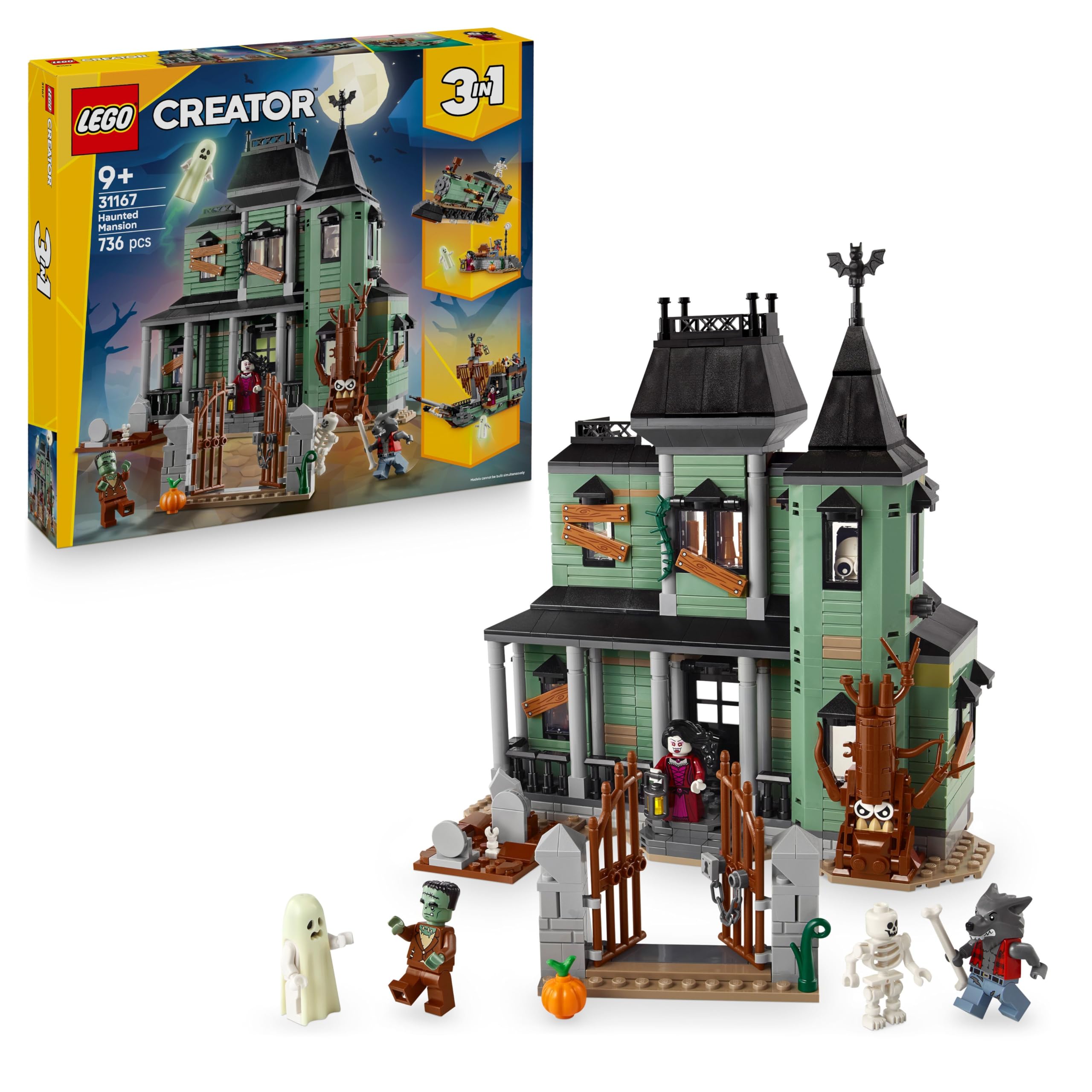 LEGO Creator Haunted House - 3-in-1 toy with house - building set that can be converted into a ship or train - with 5 spooky minifigures - cool Halloween gift for boys and girls aged 9 and up - 31167