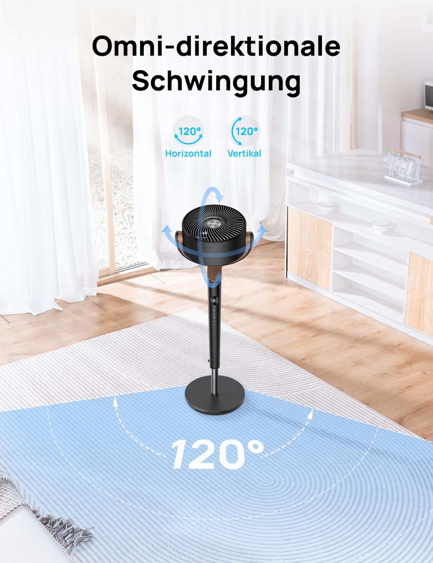 DREO 23dB quiet pedestal fan, 120°+120° omni-directional oscillating fan, 27M wind distance, 1615 m³/h air volume Real turbo air circulator fans, 89-102cm height 3 modes 8-speed - DR-HPF002
