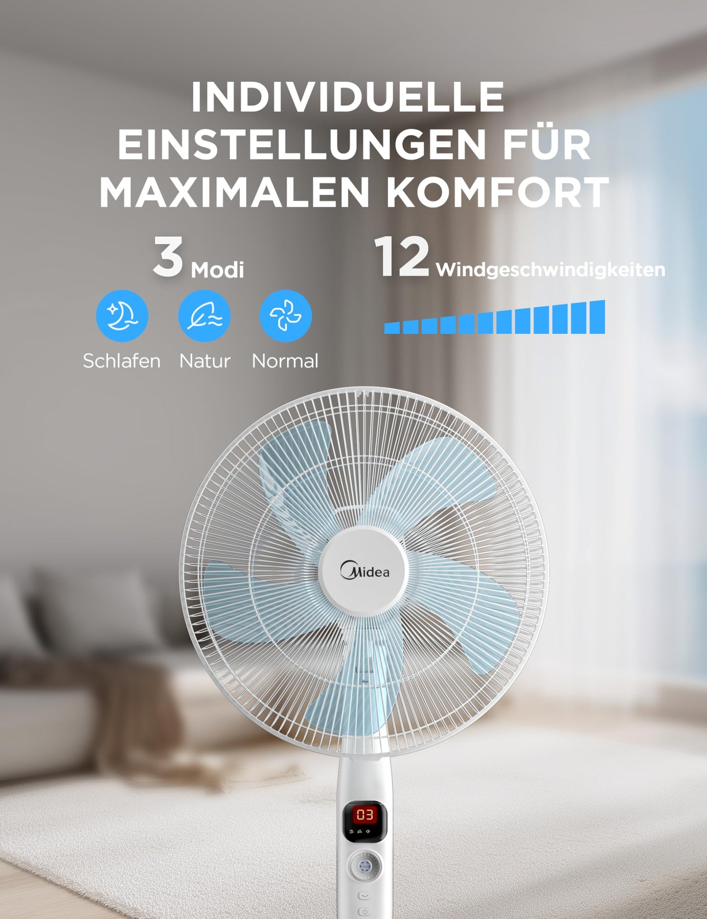 Midea FS40-16CR DC motor pedestal fan quiet Extreme, with remote control, 12 speeds, 12H timer, 4 modes, LED display, energy saving, 22 dB, height adjustable, air circulation, white