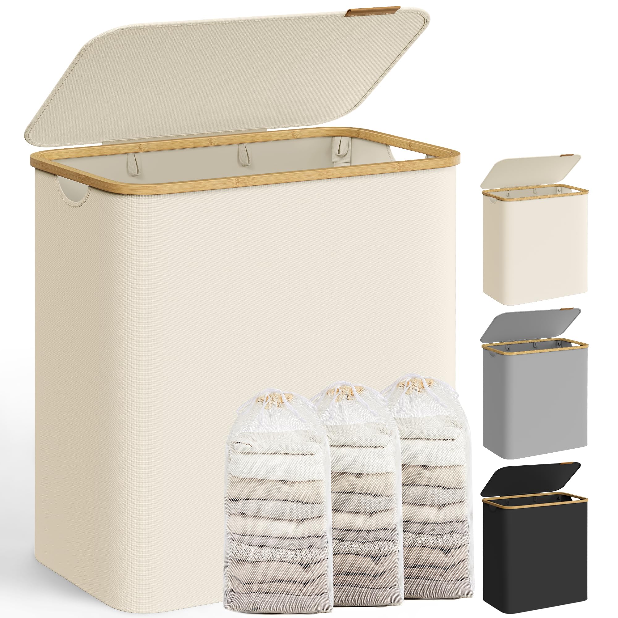 SONGMICS Laundry Basket with Lid, Laundry Hamper with 3 Compartments, 150L, Removable Laundry Bag, Oxford Fabric, Bamboo Handles, Foldable, 60 x 38.5 x 70.5 cm, Cream White LCB515W01 - PCT611W01