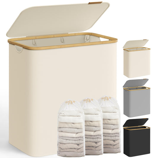 SONGMICS Coș de rufe cu capac, coș de rufe cu 3 compartimente, 150L, sac de rufe detașabil, țesătură Oxford, mânere de bambus, pliabil, 60 x 38.5 x 70.5 cm, alb crem LCB515W01 - PCT611W01