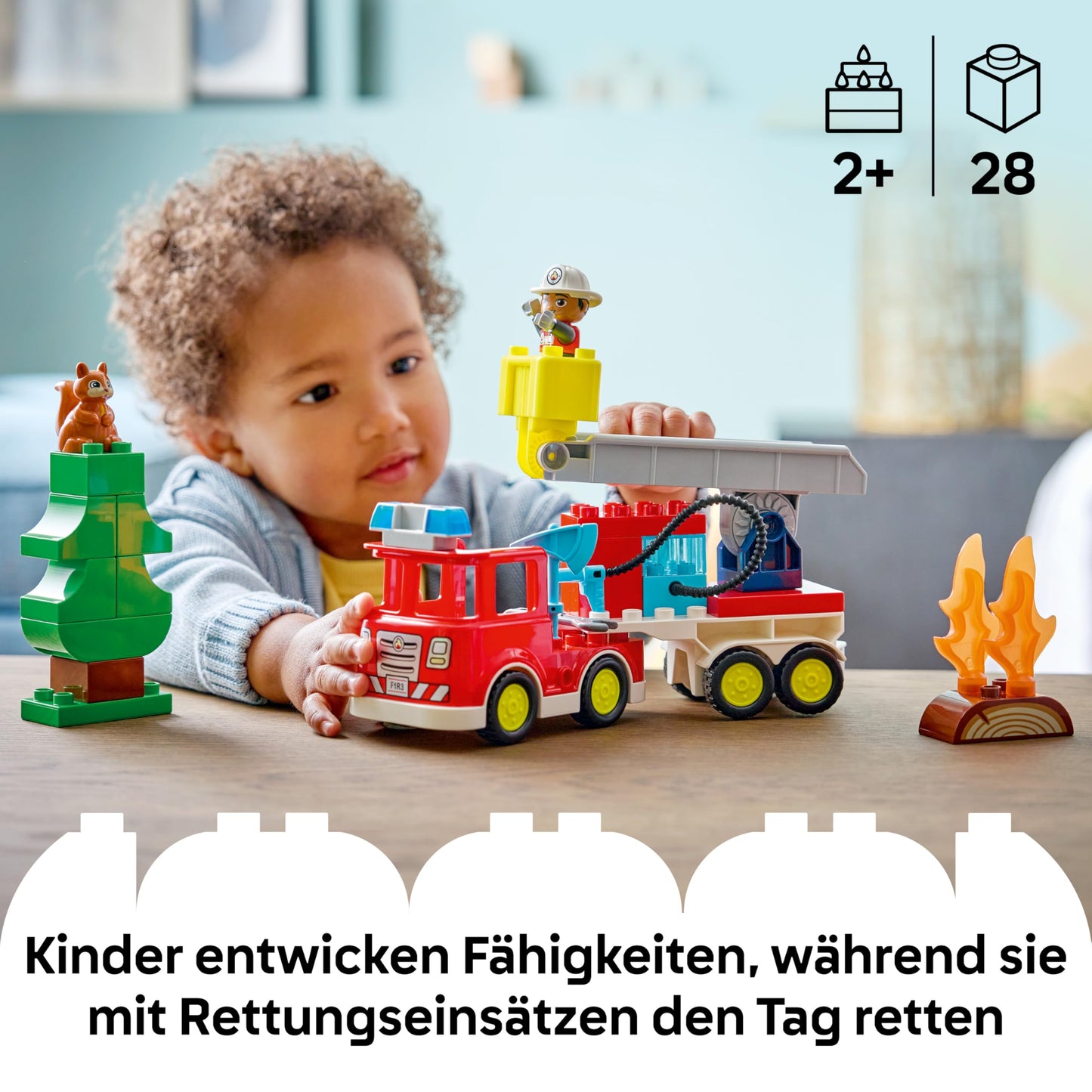 LEGO DUPLO Town fire engine with hose and firefighter - learning toy for motor skills - red fire engine with ladder, figure and squirrel - gift for boys and girls aged 2 and over - 10473