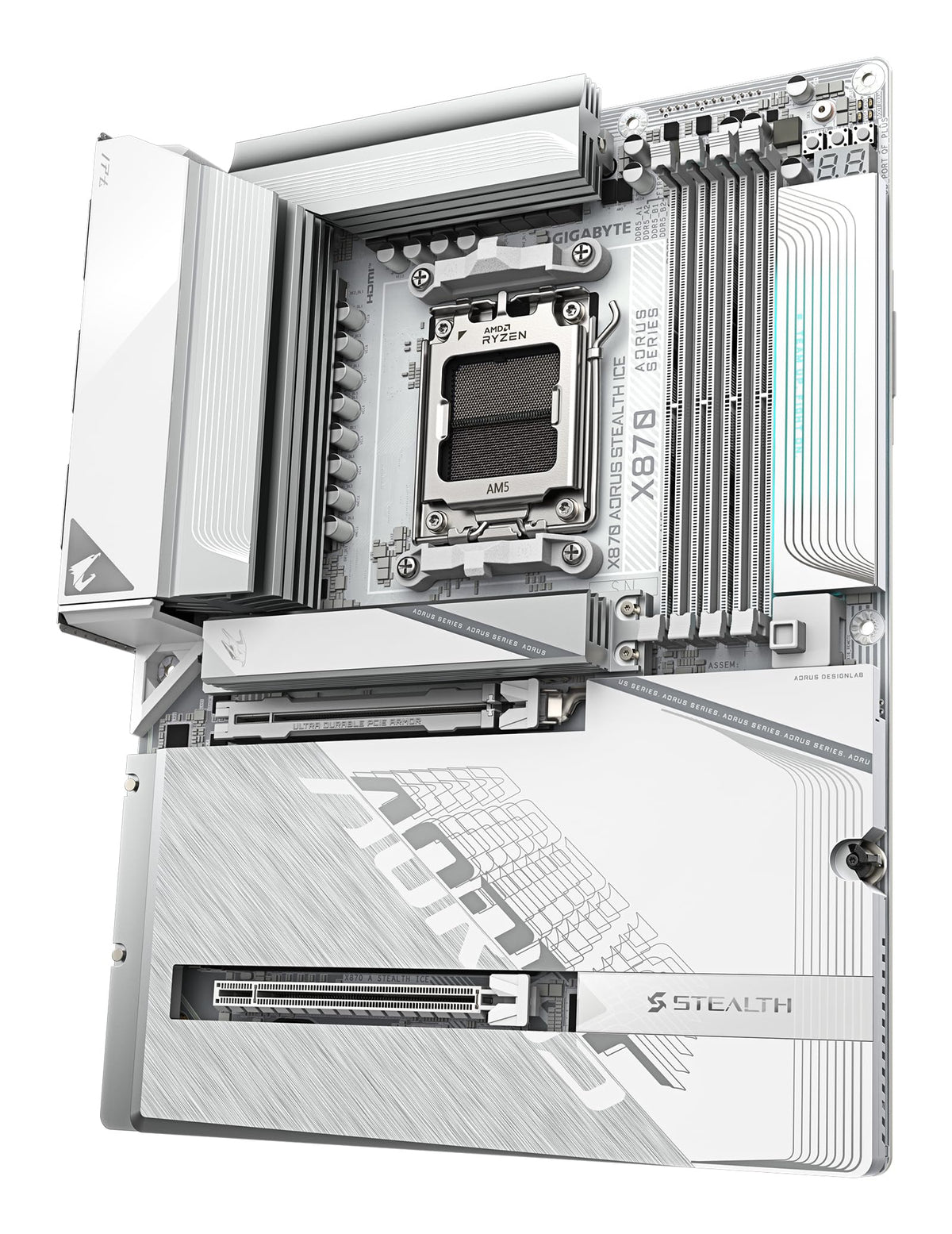 GIGABYTE X870 AORUS Stealth Ice Mainboard – Supports AMD Ryzen 9000 CPUs, digital 16+2+2 phase VRM, up to 8200 MHz DDR5 (OC), 2 x PCIe 5.0 + 2 x PCIe 4.0, Wi-Fi 7, 5 GbE LAN, USB 4