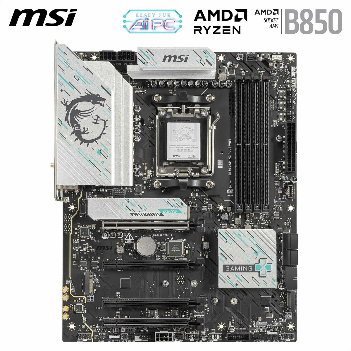 Placa de bază MSI B850 Gaming Plus WiFi, ATX - Suportă procesoare AMD Ryzen 9000/8000/7000, AM5 - Memorie DDR5 Boost 8200+ MT/s (OC), PCIe 5.0 x16 și 4.0 x16, M.2 Gen5, Wi-Fi 7, 5G LAN - 7E56-001R