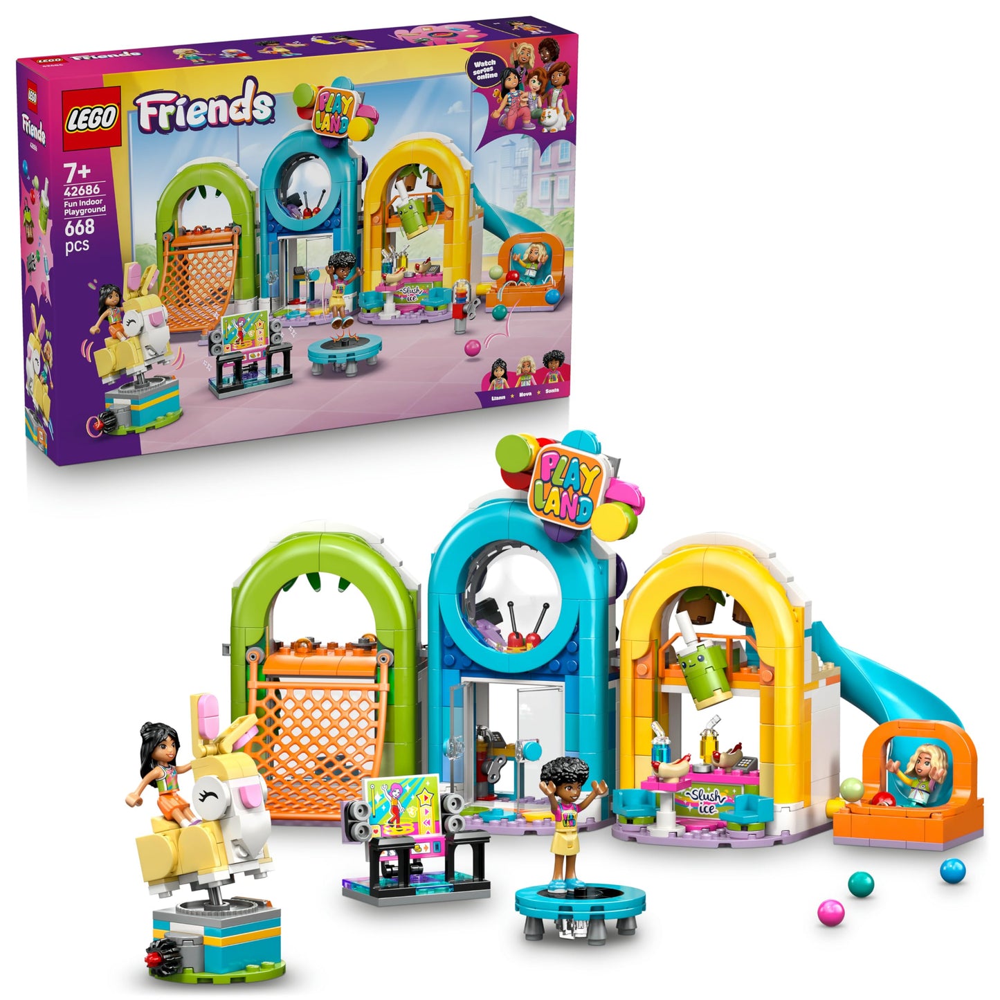 LEGO Friends Cool Indoor Playground - Toy with Slide, Ball Pit, Carousel, Snack Bar, 3 Mini Dolls & Accessories - Birthday Gift for Girls Ages 7 and Up - 42686