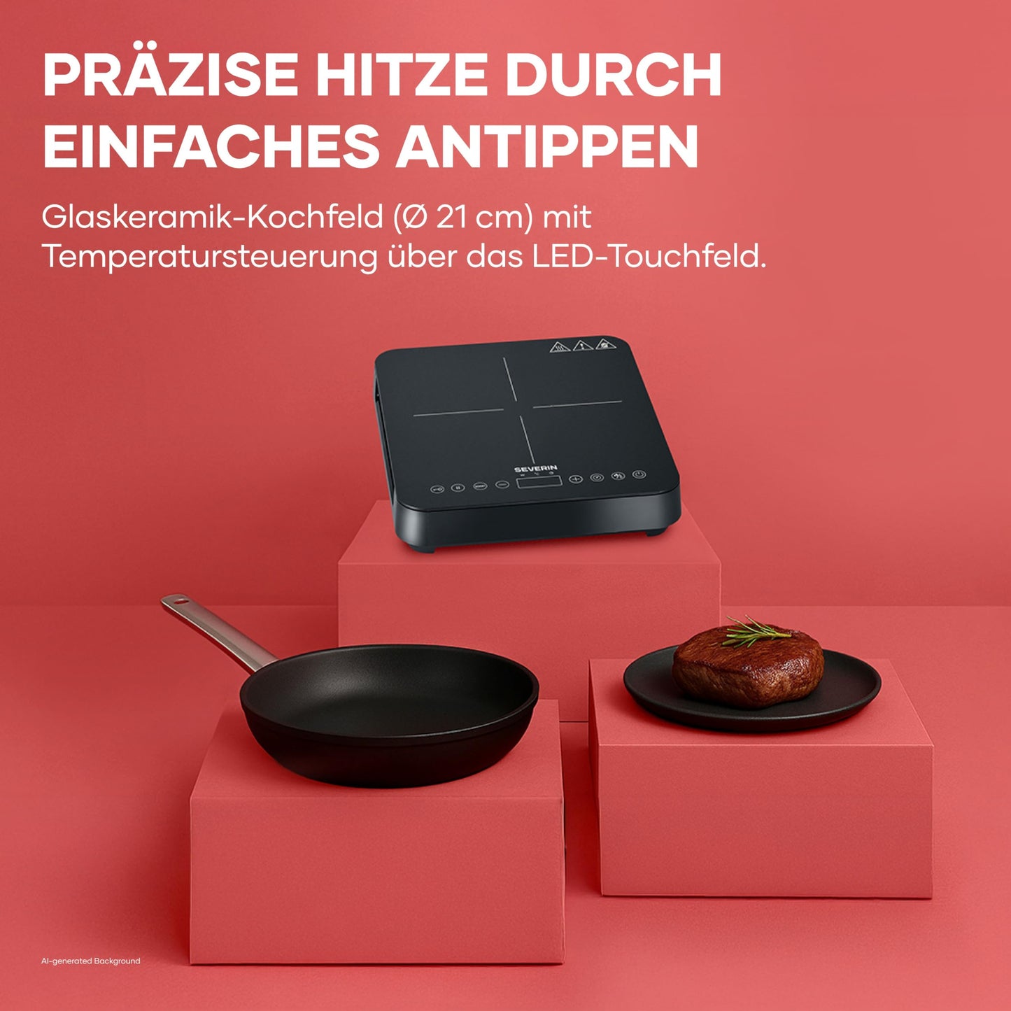 SEVERIN induction hob, 1 plate, 10 power levels, temperature range 60-240°C, touch display, Ø 22cm, matt hob, with glass ceramic hob, pot detection, black, 2,000 W, KP 1026