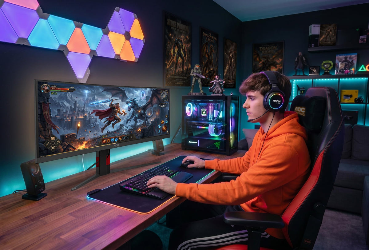 AOC CU34G4ZCA Monitor Curbat de 34 Zoll, UW-QHD, cu Hub USB, 240Hz, Panou Fast VA, 1ms GtG, Adaptive Sync, HDR400, FreeSync Premium, Reglare pe Înălțime, (3440x1440 HDMI 2X 2.1 DP 1x 1.4) Negru