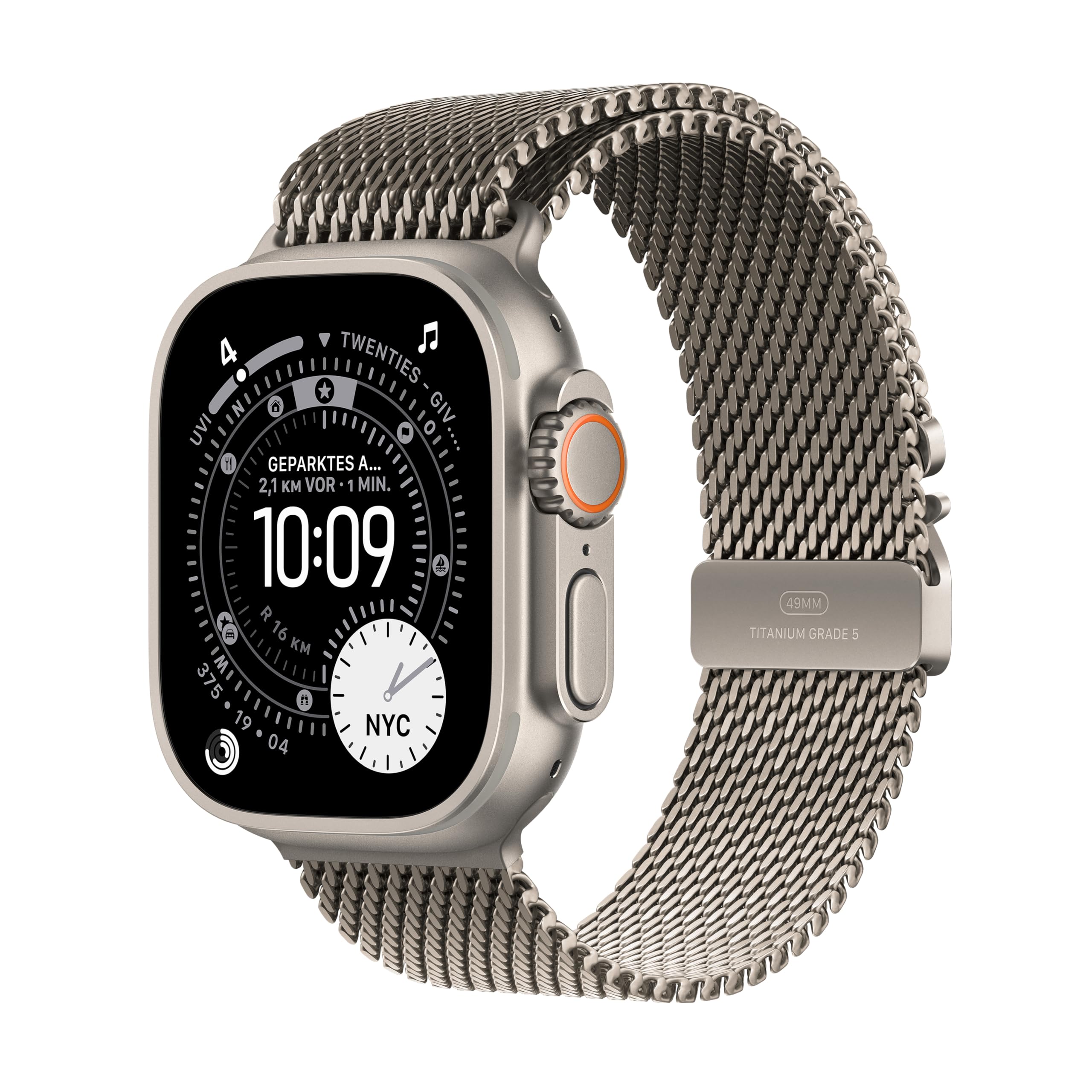 Apple Watch Ultra 3 GPS + Cellular 49 mm Premium Smartwatch for Running Training and Combined Sports with Robust Titanium Case in Natural and Milanese Bracelet in Natural (Large) - MF0E4QF/A