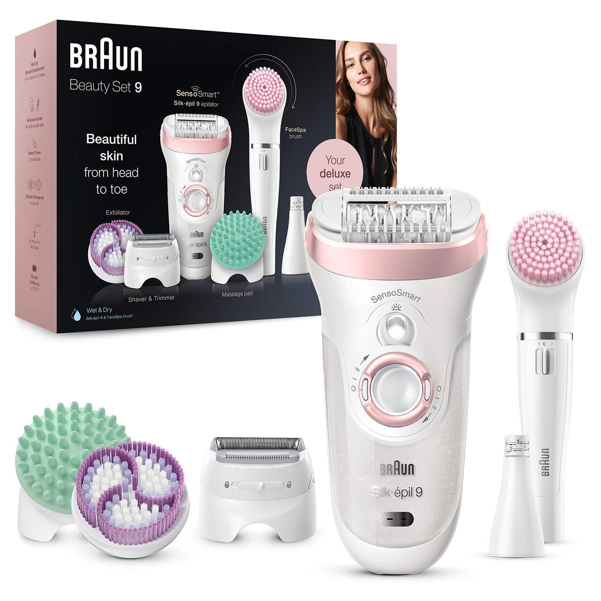 Braun Silk-épil 9 Beauty Set, Epilator for Women / Hair Removal, FaceSpa Facial Hair Remover, Attachments for Shaving, Exfoliating, Cleansing Face/Body, Bag, 9-995, White/Flamingo - 4210201222996