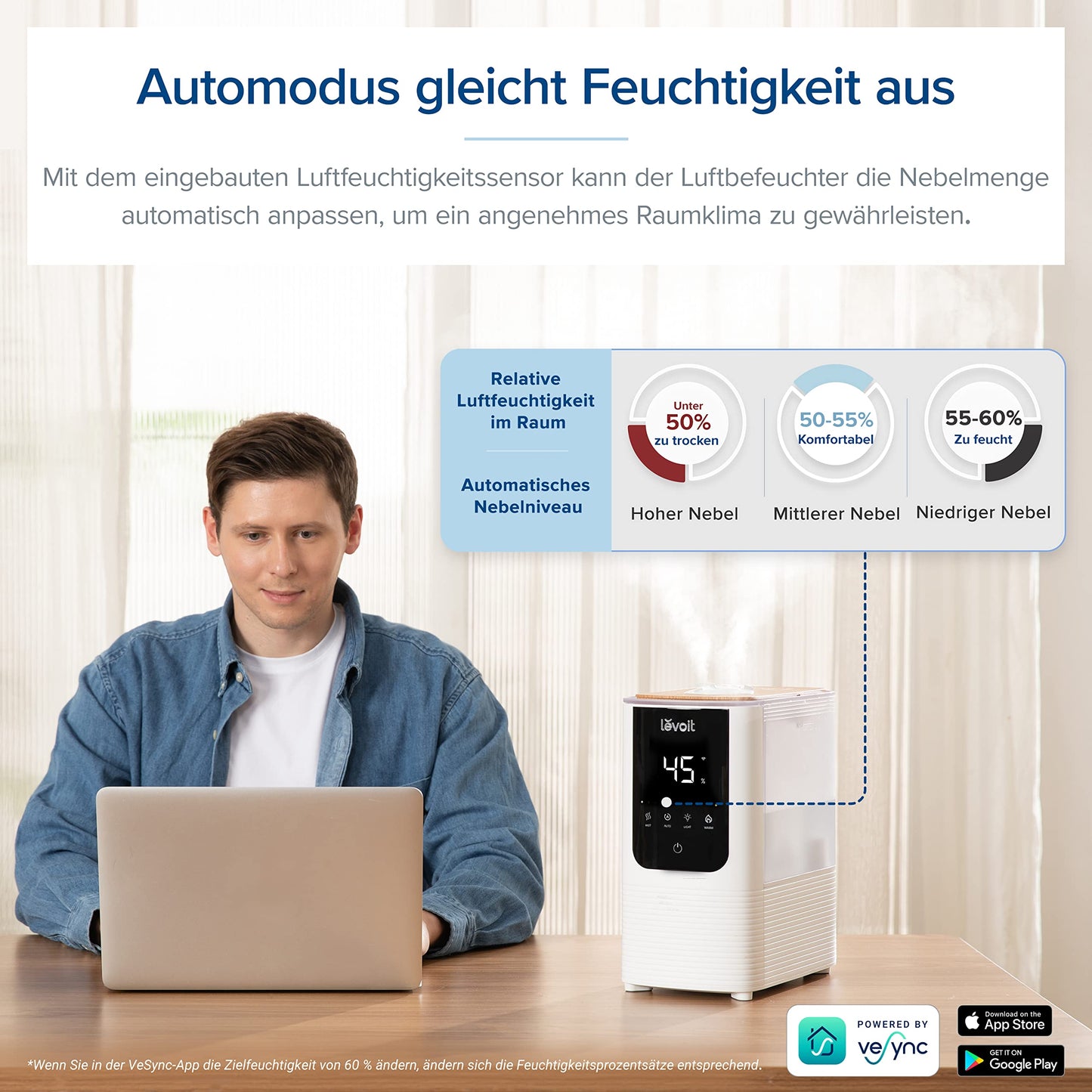 Levoit Smart humidifier for large rooms, top-fill humidifier, warm & cold mist max 550 ml/h, up to 40㎡, quiet room humidifier with night light for plants, auto shut-off, 4.5 L, moon white - LUH-O451S-WUK