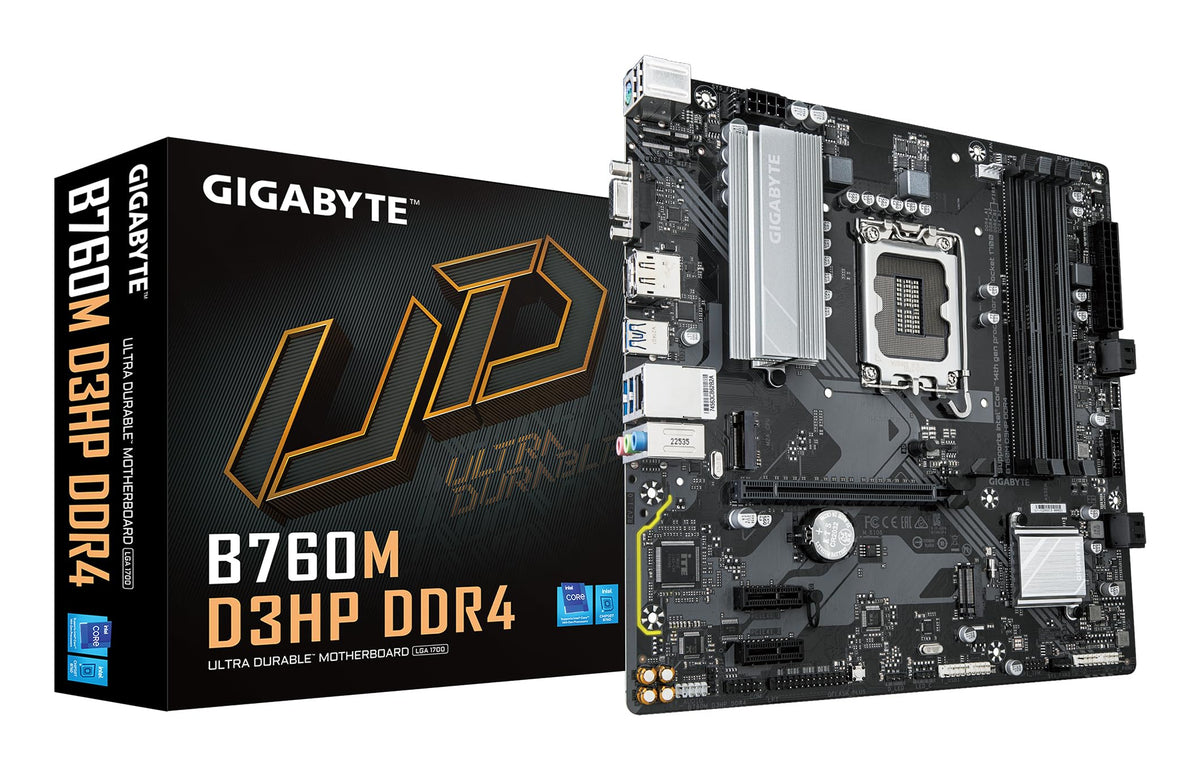 Placa de bază GIGABYTE B760M D3HP DDR4 - Suportă procesoare Intel Core de generația a 14-a, VRM digital 4+1+1, până la 5333MHz DDR4 (OC), 2xPCIe 4.0 M.2, GbE LAN, USB 3.2 Gen1