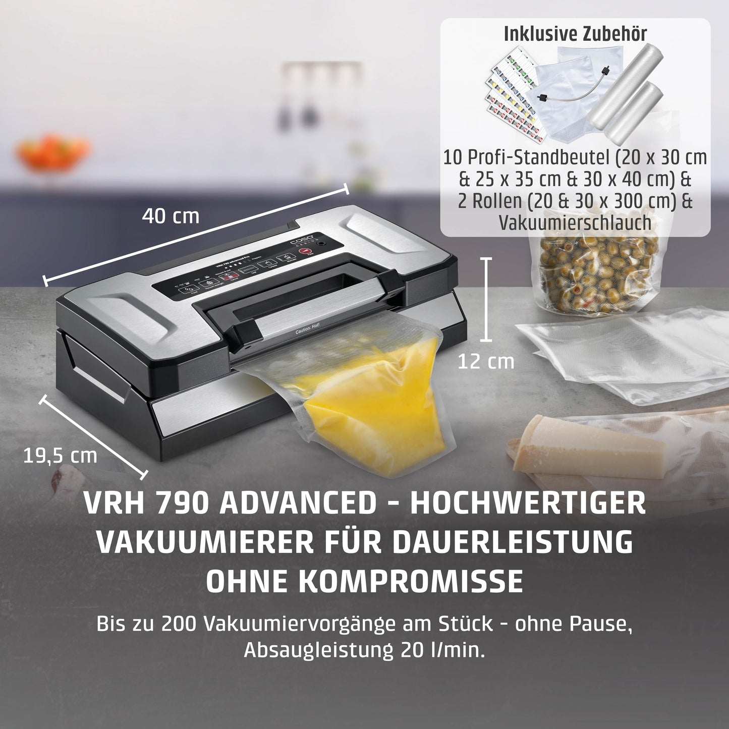 CASO VRH 790 advanced Pro - vacuum sealer, vacuum sealing device, test rating Very Good, 200 vacuum sealing processes non-stop, with patented CASOTEK Liquid function, double weld seam, including vacuum bag - 1528