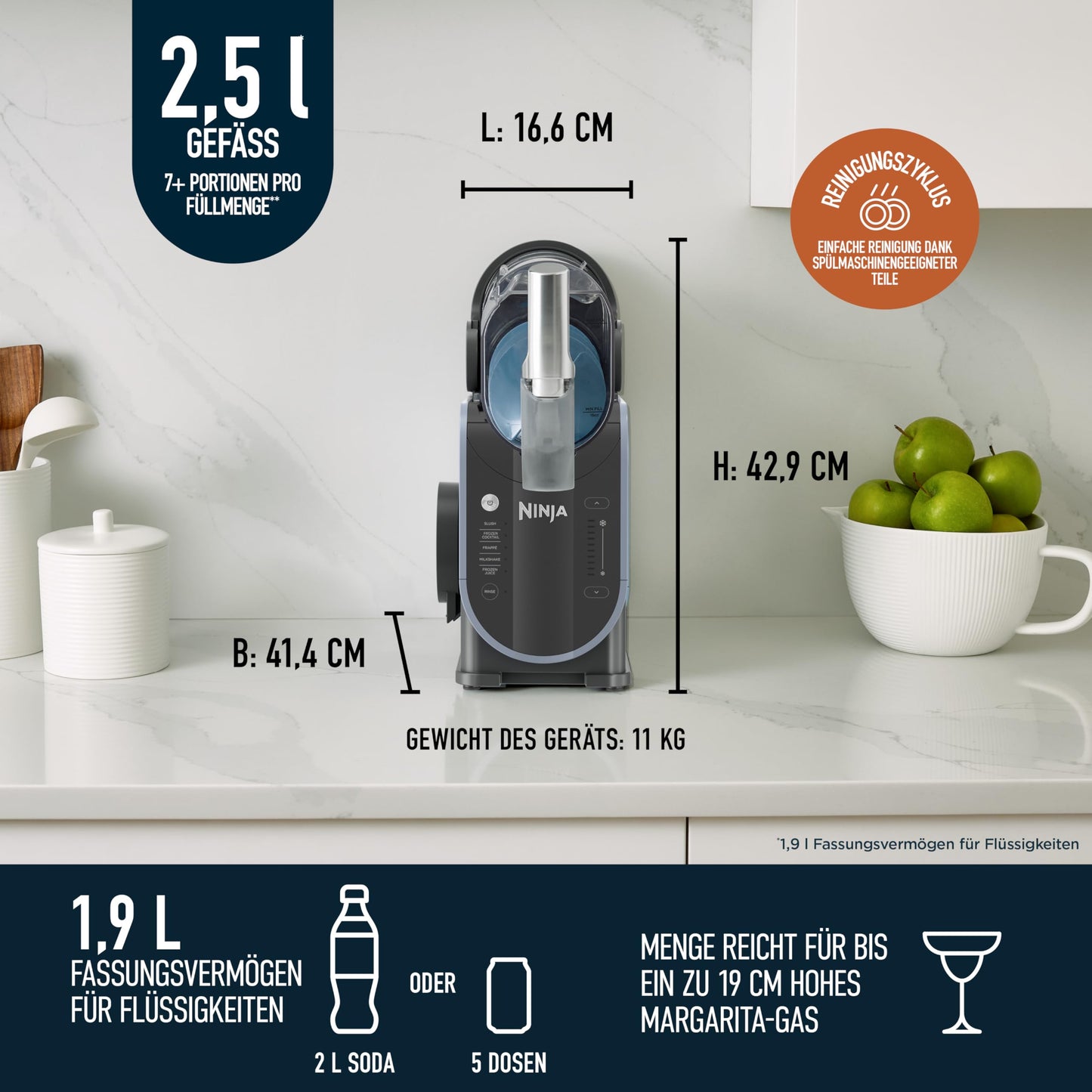 Ninja SLUSHi machine for slush, ice cocktails, frappé, milkshakes & frozen juice, without ice or preparation effort, WhisperChill technology, holds 1.9 L, blue & gray FS301EU
