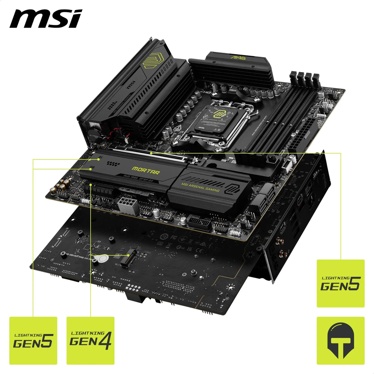 MSI MAG B850M Mortar WiFi Placă de bază, mATX - Suportă procesoare AMD Ryzen 9000/8000 / 7000, AM5-60A SPS VRM, DDR5 Memory Boost 8200+ MT/s (OC), PCIe 5.0 x16, M.2 Gen5, Wi-Fi 7, 5G LAN - 7E61-001R