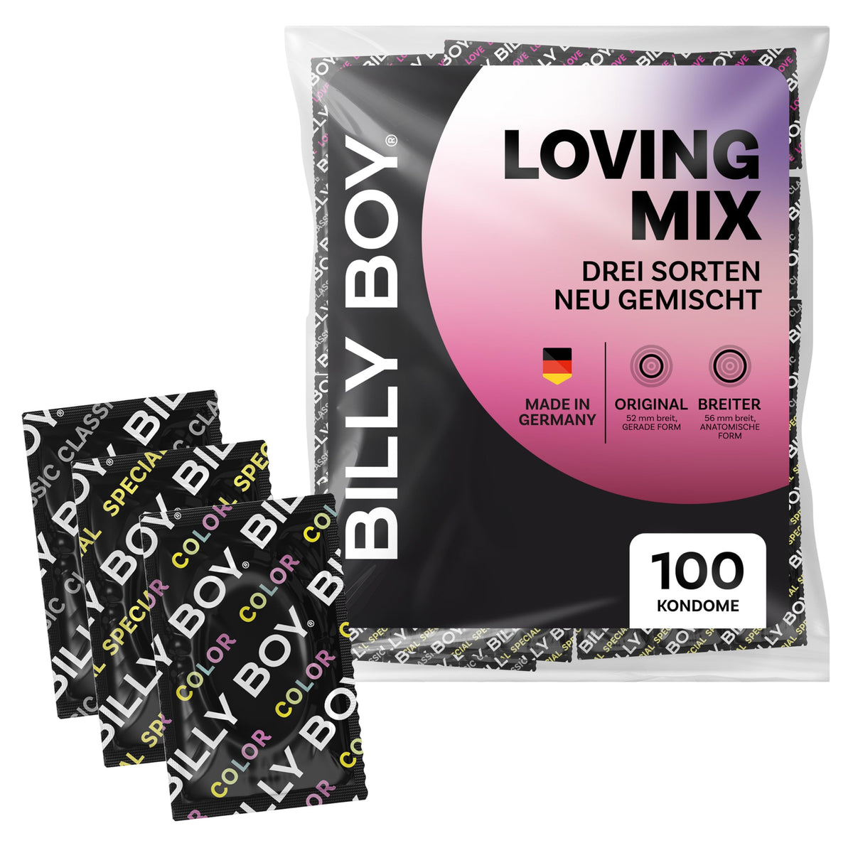 BILLY BOY Loving Mix 100 Condom Mix, ORIGINAL fit (52mm) and WIDER fit (56mm), assorted varieties mixed (1x100 pieces) - 11133064