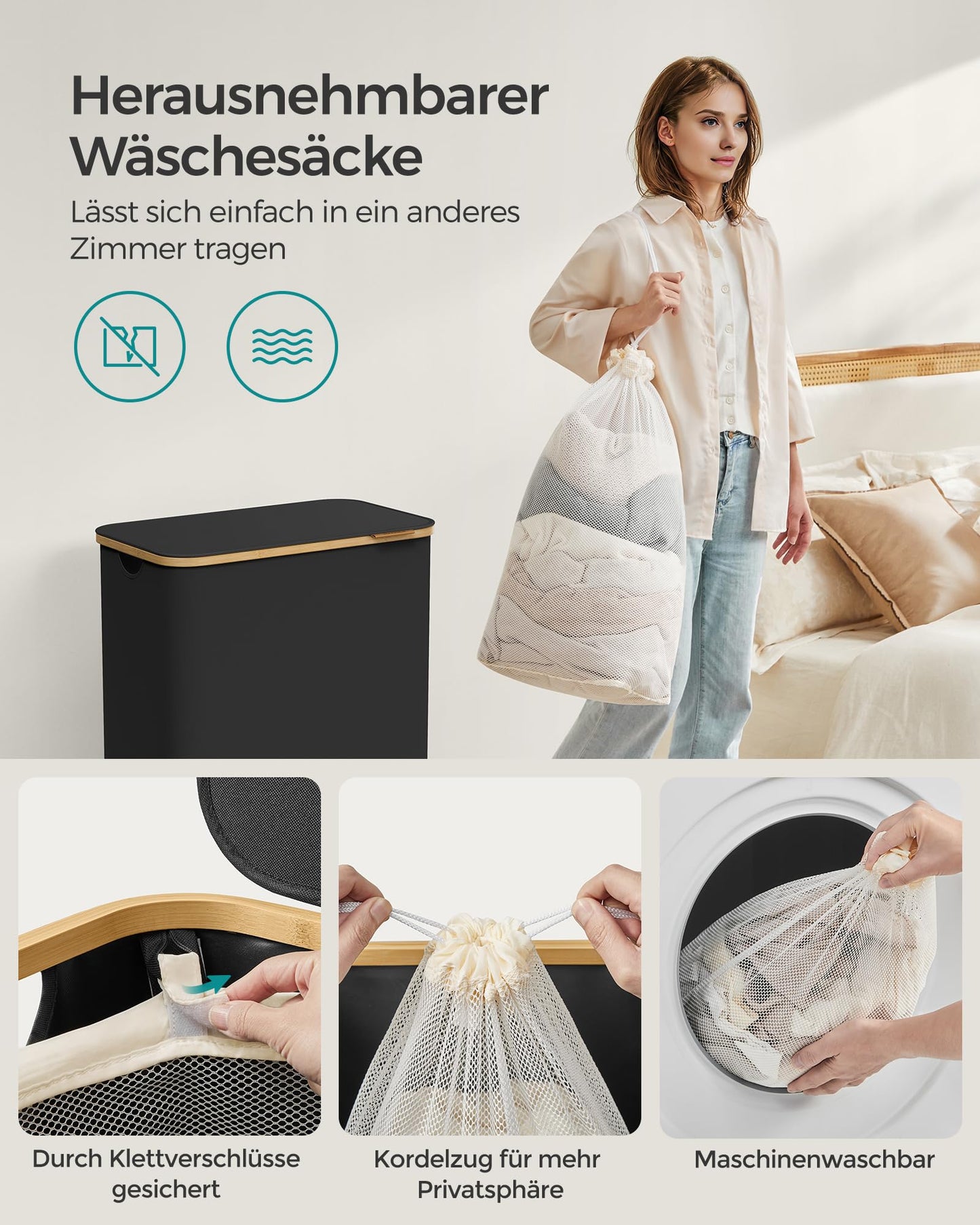 SONGMICS 130L Oxford Fabric Laundry Basket with Lid with 2 Compartments - LCB513G01V1