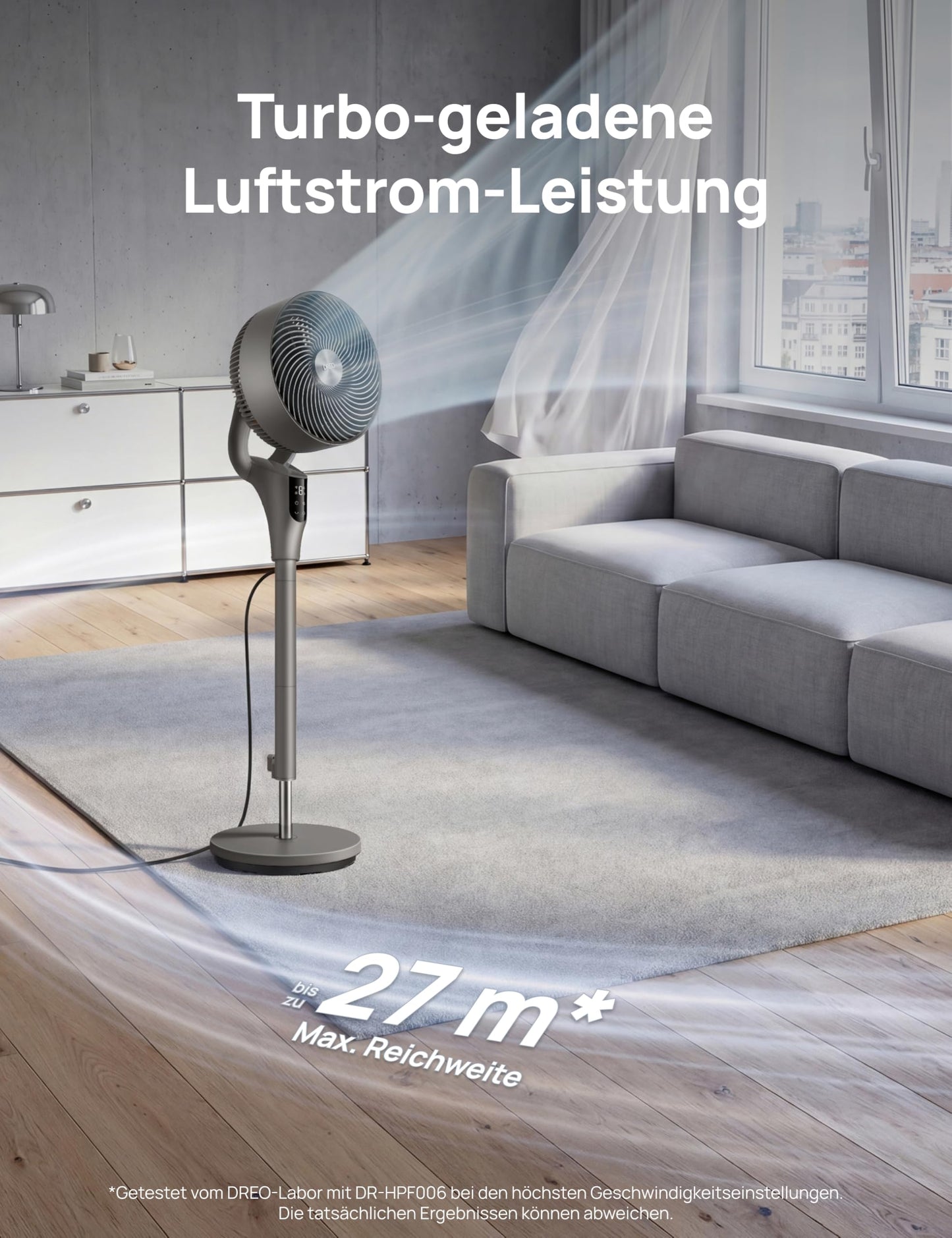 DREO Quiet Stand Fan for Bedroom [Improved], 27m Airflow, Quiet, 90° Oscillating, DC Motor, 8 Speeds, 3 Modes, 96-106cm Height Adjustable, 8H Timer, 105° Manual Tilt - DR-HPF013