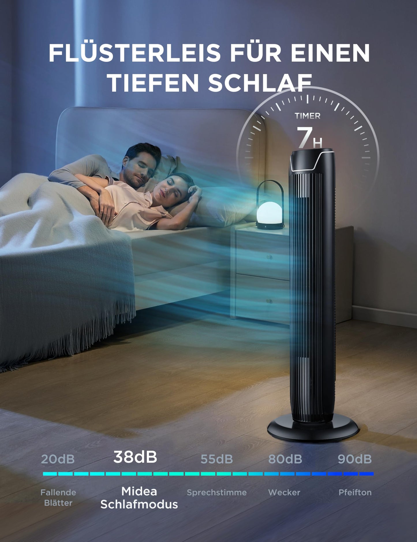 Midea FZ10-17JR Tower Fan Quiet with Remote Control 92CM, Mobile Fan, Column Fan, 7 Hour Timer, 3 Modes, 3 Speeds, 45W Stand Fan, Black