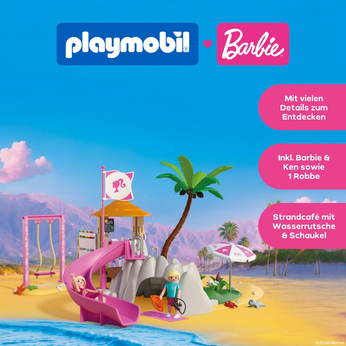 PLAYMOBIL Barbie Beach Café | Summer Adventures with Barbie & Ken | Beach café with swings, slide & animals | For creative role play | Imaginative playset for children aged 4 and over | 72121