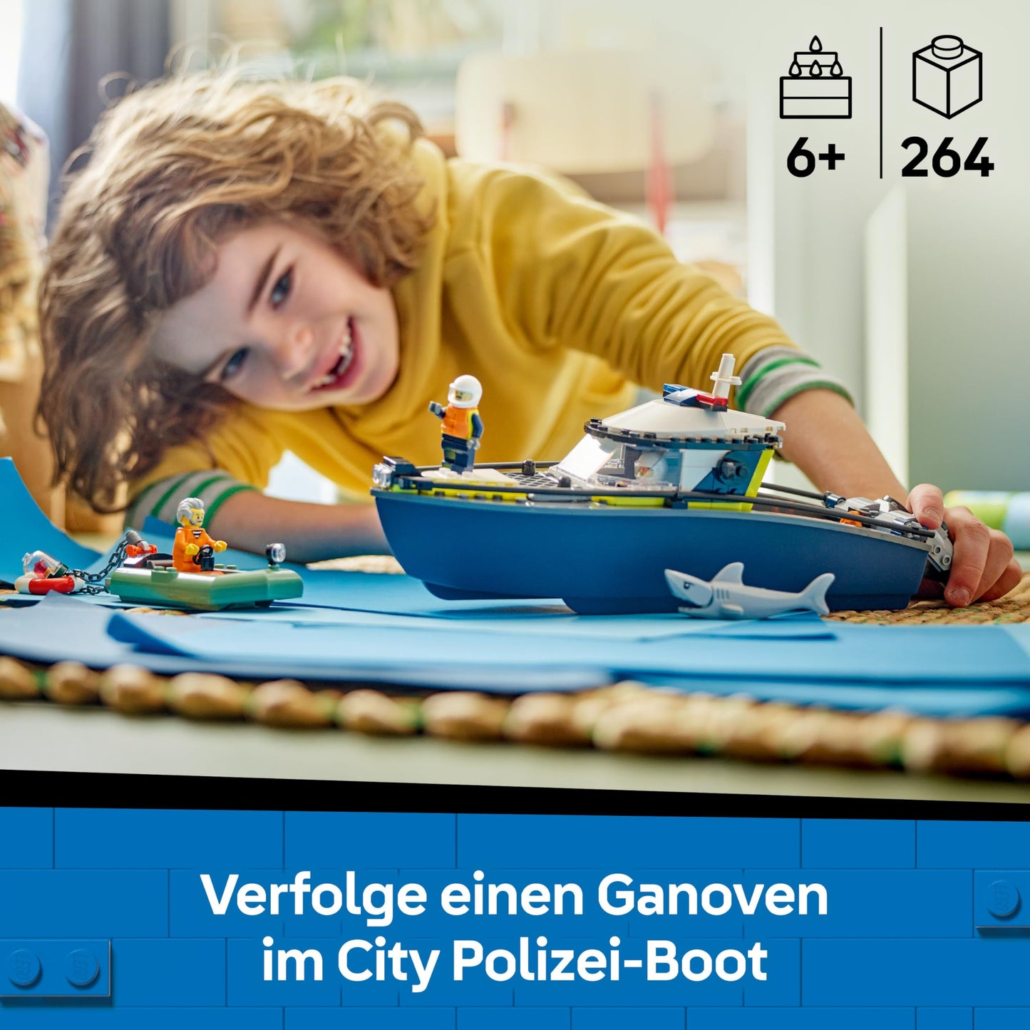 LEGO City Police Boat Chase - Playset with floating speedboat, crook's inflatable boat, 3 mini figures and a shark figure - Gift for boys and girls aged 6 and up - 60456