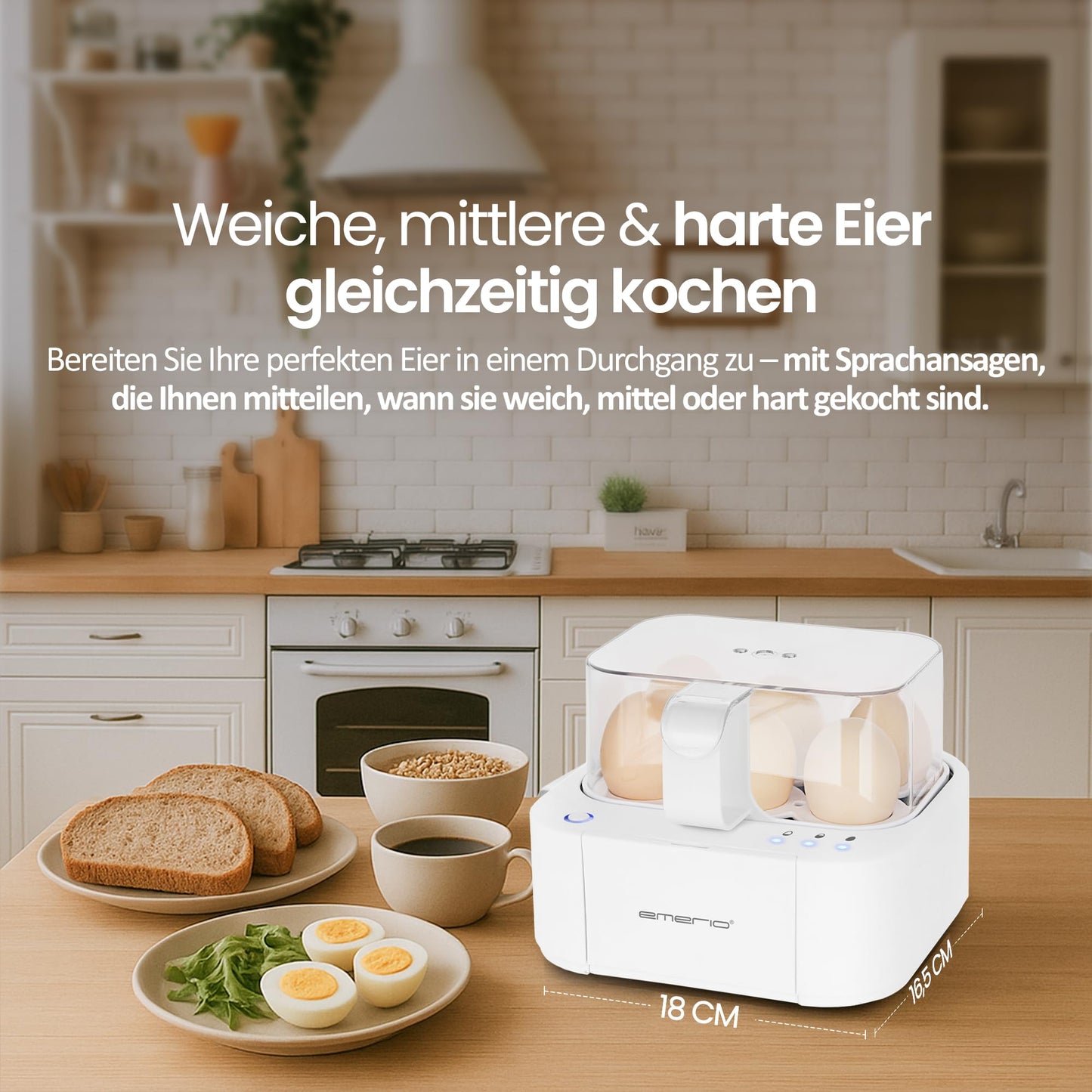 Emerio best egg cooker EB-115560 cooks all three cooking levels [soft|medium|hard] in just one cooking process with perfect results and voice output, unique in technology and design, model 2022 - EB-115560.12