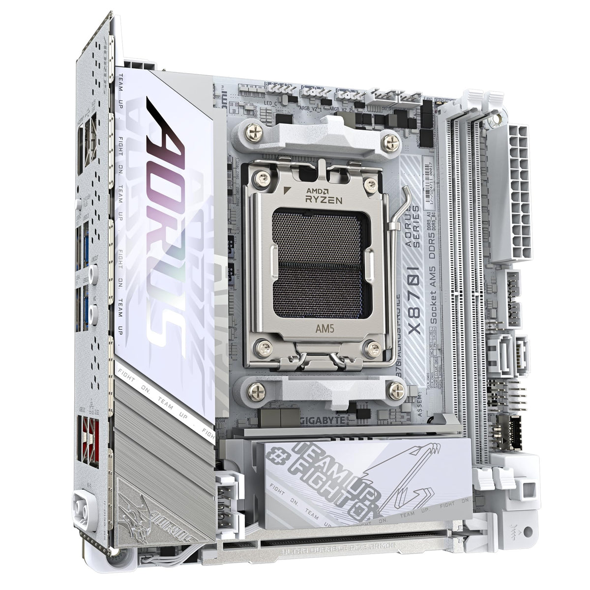 GIGABYTE X870I AORUS PRO Ice Placă de bază - Suportă procesoare AMD Ryzen din seria 9000, VRM cu 8+2+1 faze, până la 8400 MHz DDR5 (OC), 1xPCIe 5.0 M.2 + 1xPCIe 4.0 M.2, WI-FI 7, LAN 2,5 GbE, USB 4