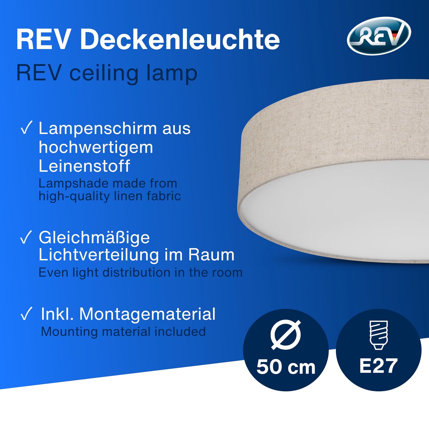 REV ceiling lamp - LED ceiling light around 50cm with fabric lampshade in a vintage look - ideal for bedrooms and living rooms, taupe - 2900025050