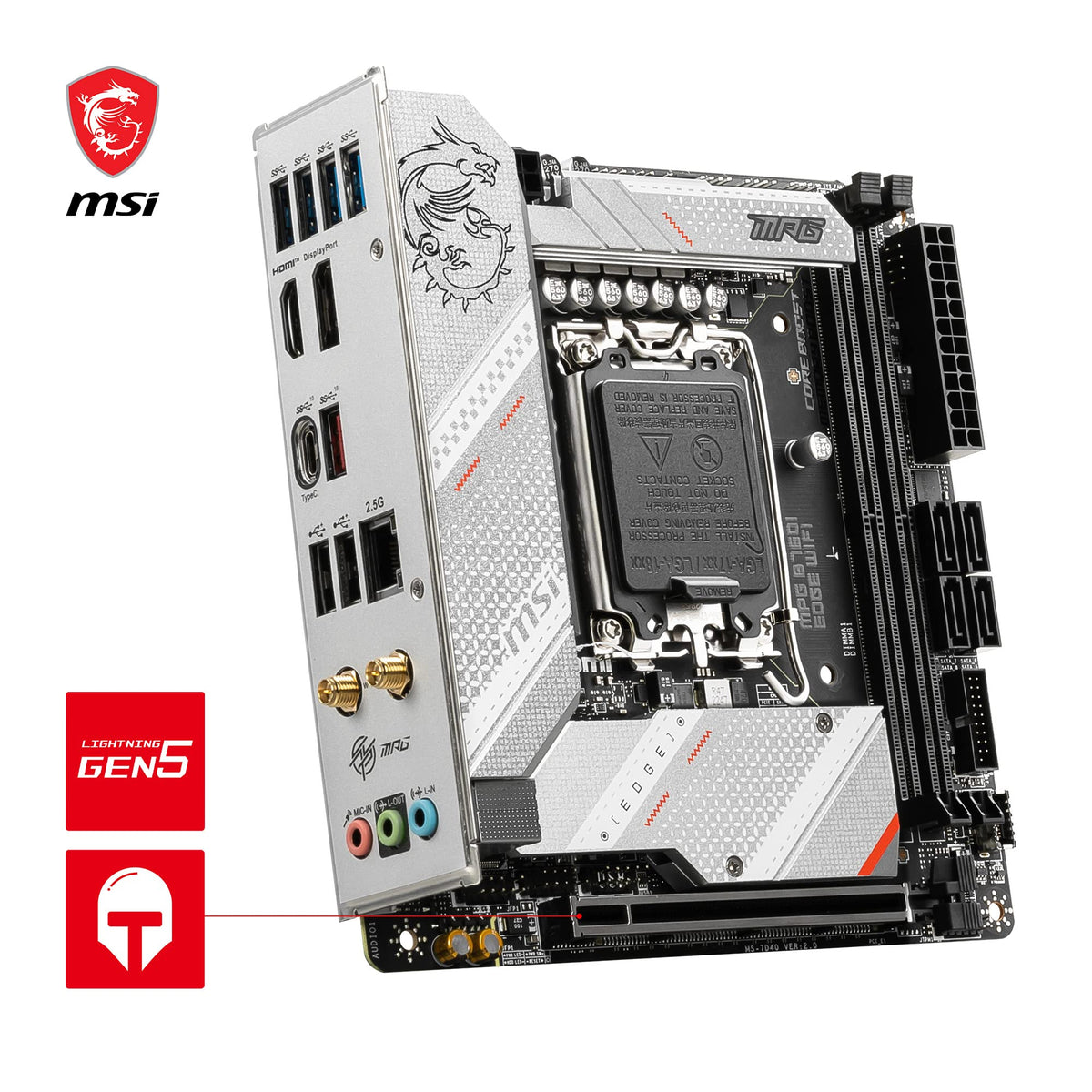 MSI MPG B760I Edge WiFi Placă de bază, Mini-ITX - Pentru procesoare Intel Core de generația a 12-a, a 13-a și a 14-a, LGA 1700-8 Direct 90A VRM, DDR5 Memory Boost 7200+MHz/OC, PCIe 5.0 x16, 2 x M.2 Gen4, Wi-Fi 6E - 7D40-005R